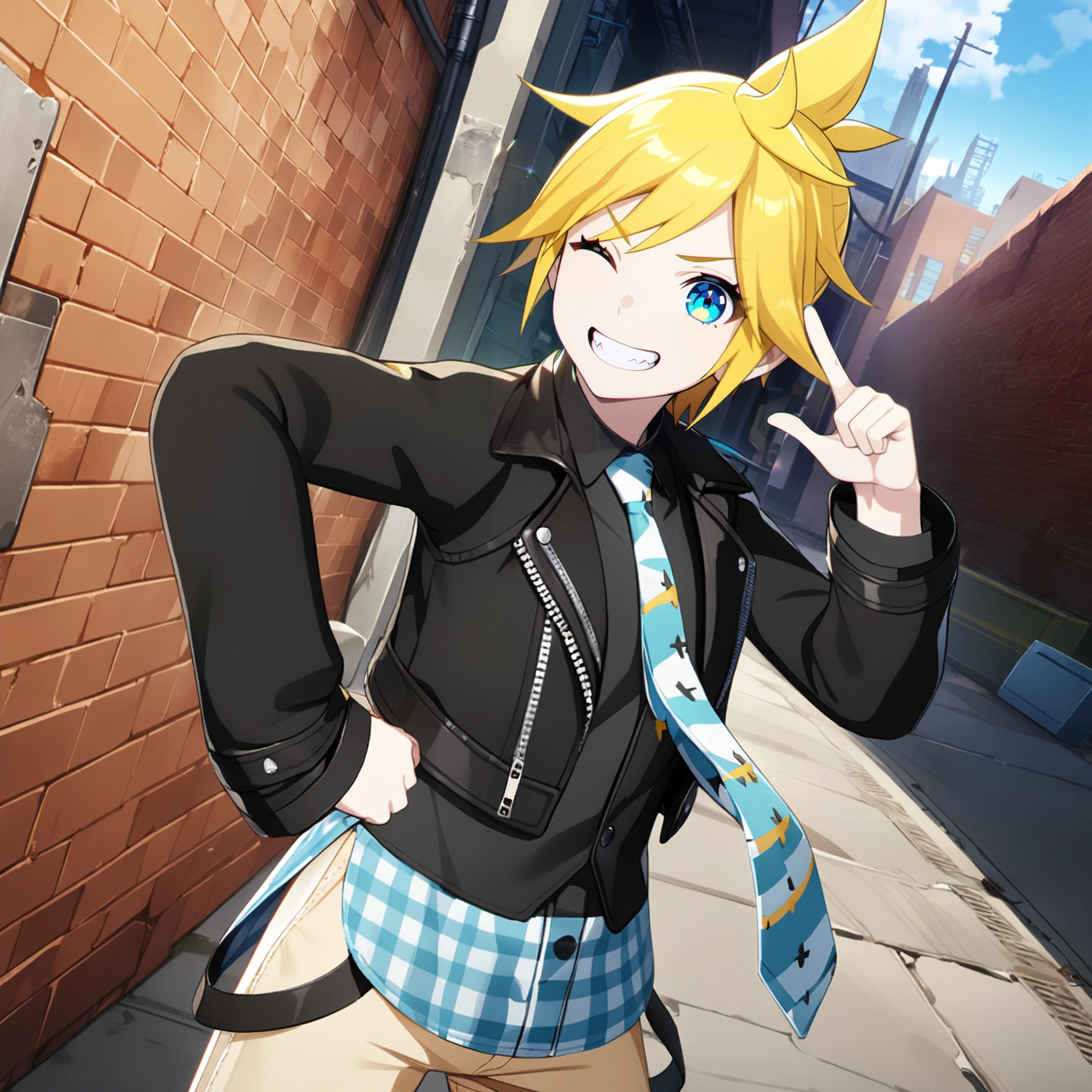 1boy, kagamine len, vocaloid, masterpiece, very aesthetic, absurdres, official art,
brandnew len, solo, yellow short hair, blue eyes, spike hair, blonde hair, 
(looking at viewer:1.4), index finger raised, grin, hand on hip, one eye closed, BREAK
beige shorts, aqua necktie, black  jacket, black shirt, aqua plaid, leather jacket, collared shirt, long sleeves, plaid necktie, open clothes, black suspenders, striped, 
alley, day sun light, brick wall, graffiti on wall, blue sky, 
 <lora:sdxl-vs-BNLen05:0.8:lbw=0,0,0.2,0.2,0,0.4,0.4,0,0.8,0.8,0,0,0,0.8,0.8,0.6,0.8,0.0,0.0,0.0,0,0,0,0,0,0>