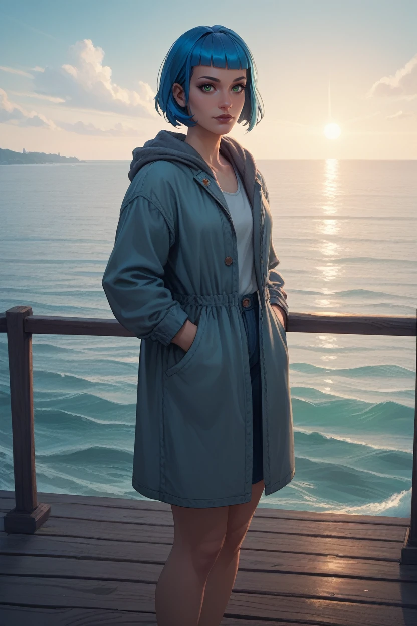 score_9, score_8_up, score_7_up, score_6_up
<lora:CyberEvelyn:0.8>
CyberEvelyn, 1girl, blue hair, short hair, green eyes, blunt bangs, looking at viewer, standing on a pier, looking out at the ocean, hands in pockets, overcast sky with hints of sunlight breaking through, calm and introspective atmosphere