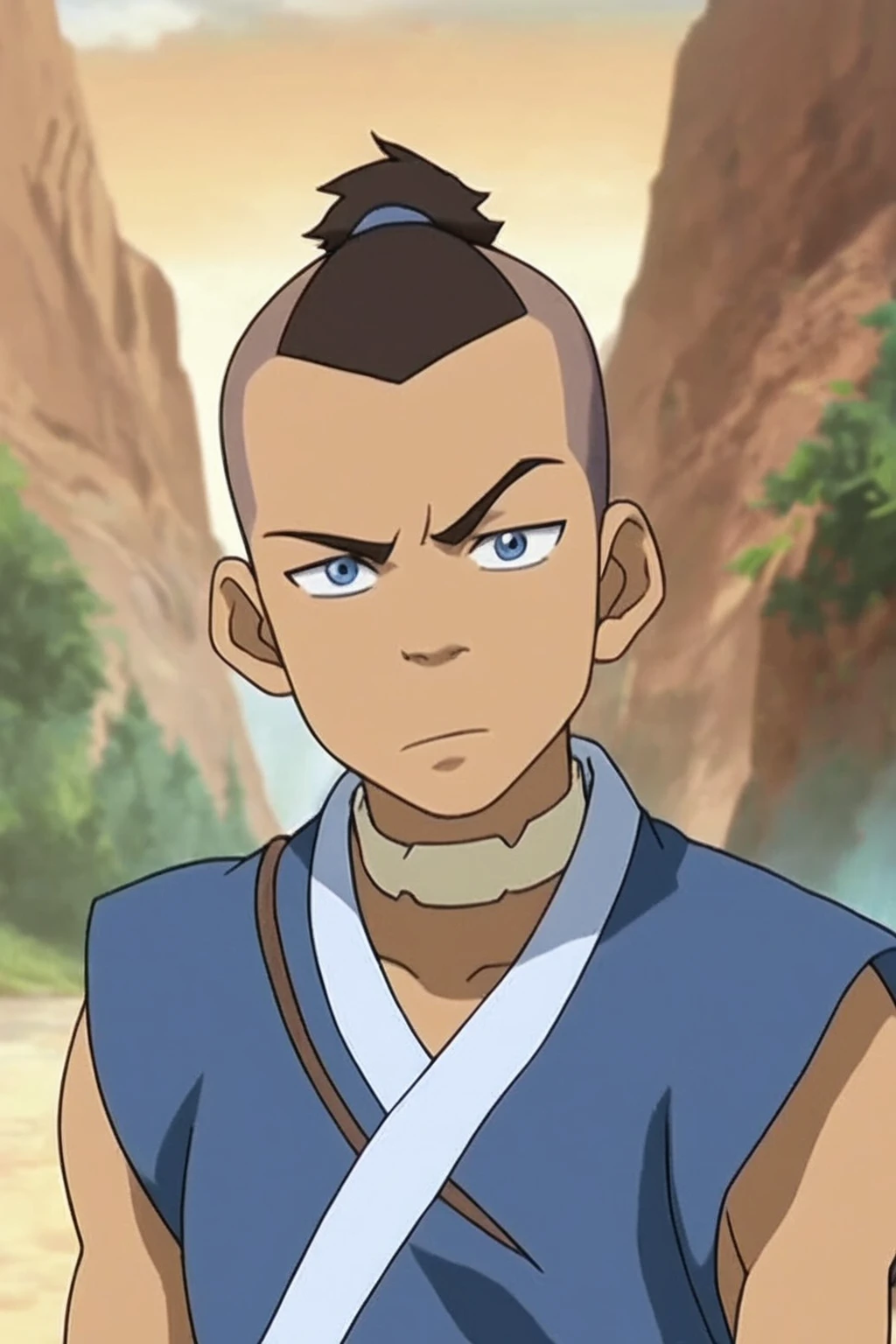 score_9, score_8_up, score_7_up,   <lora:sokka:0.8>, 1boy, solo, sokka, brown hair, short hair, blue eyes, water nation clothing, undercut, topknot, looking at the viewer, serious, official art, official style, flat color, anime screencap, outdoors,