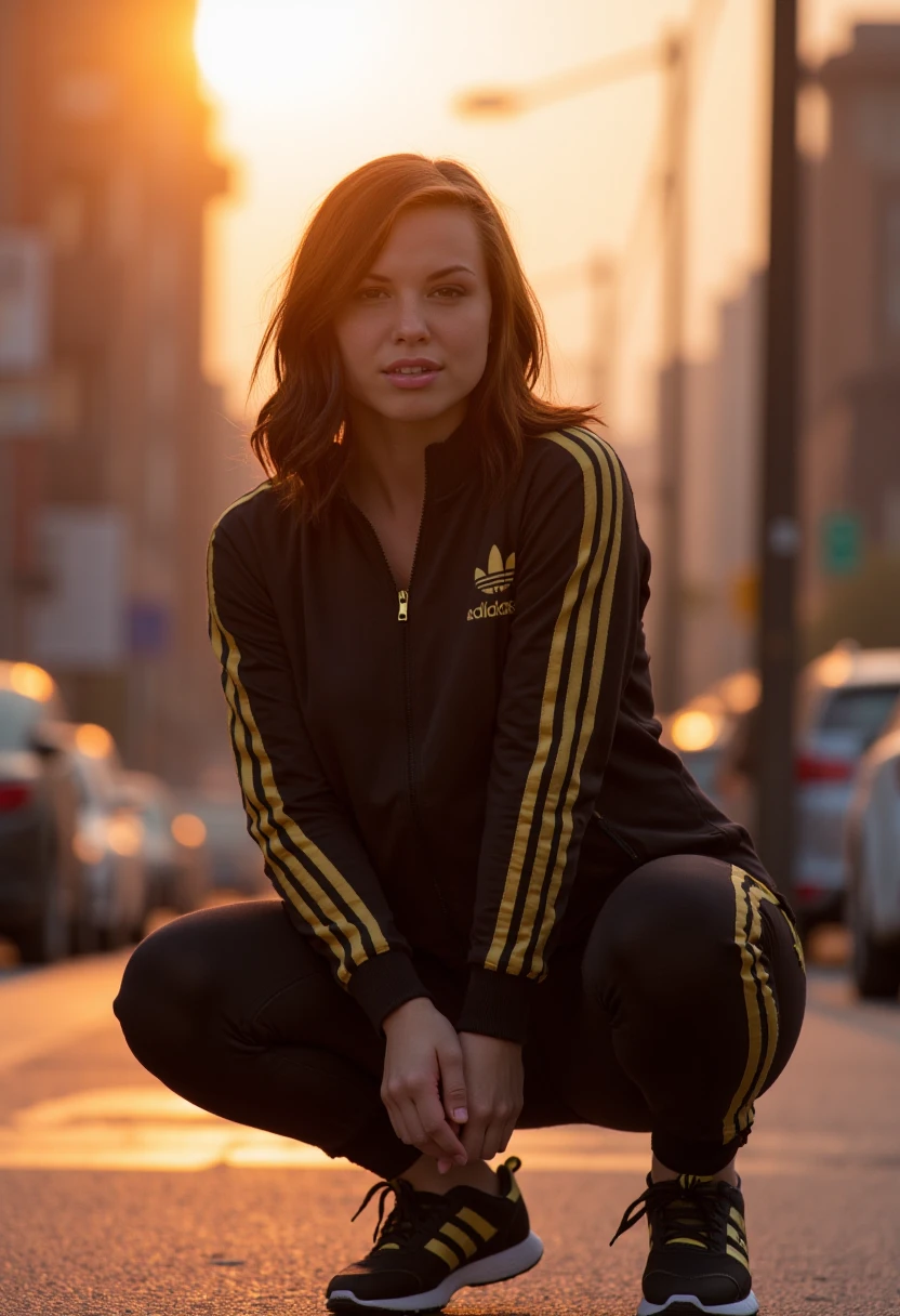 raw photo, hyperdetailing, 128k, portrait, full body, (Generate a hyper-realistic image of a aidrafox wearing a black and shiny gold Adidas style tracksuit with black and shiny gold Adidas style sneakers, in her late twenties with darkbrown hair, squatting, hip-hop style. She is in a bright, colourful city during a sunrise. The scene is illuminated by cinematic lighting, with dramatic light and shadow effects highlighting her smiling expression. The surrounding area is dense and lit, with the sunrays adding a beautiful and happy atmosphere. The entire composition should feel lifelike and immersive, capturing the tension and power of the moment.), depth of field:1.5, indirect lighting:1.3, high contrast shadows, dramatic shadows across face:1.2, cinematic lighting on face