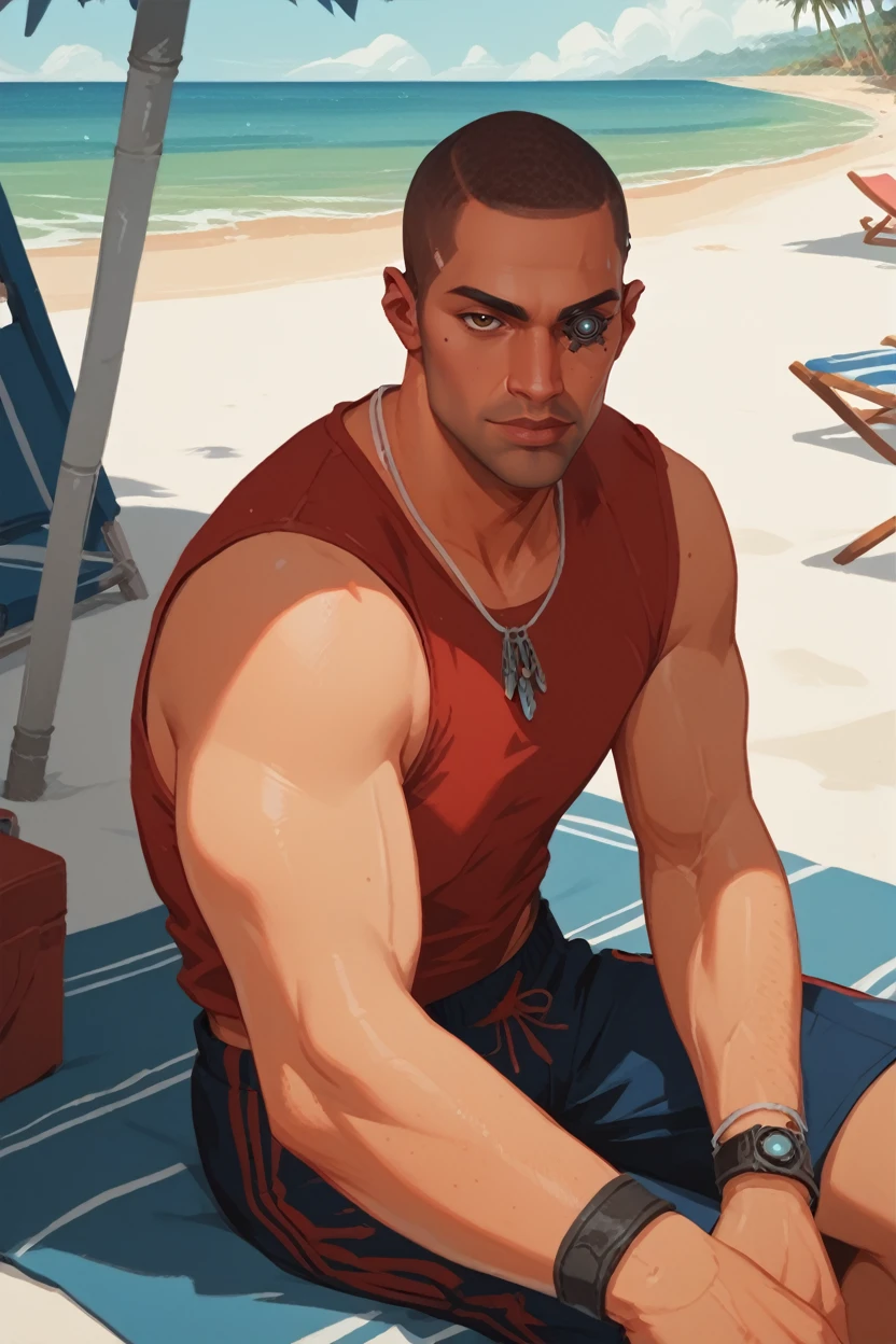 score_9, score_8_up, score_7_up, score_6_up
<lora:CyberRiverWard:0.8>
CyberRiverWard, 1boy, buzz cut, brown eyes, mechanical eye, looking at viewer, at the beach, swim trunks, sitting