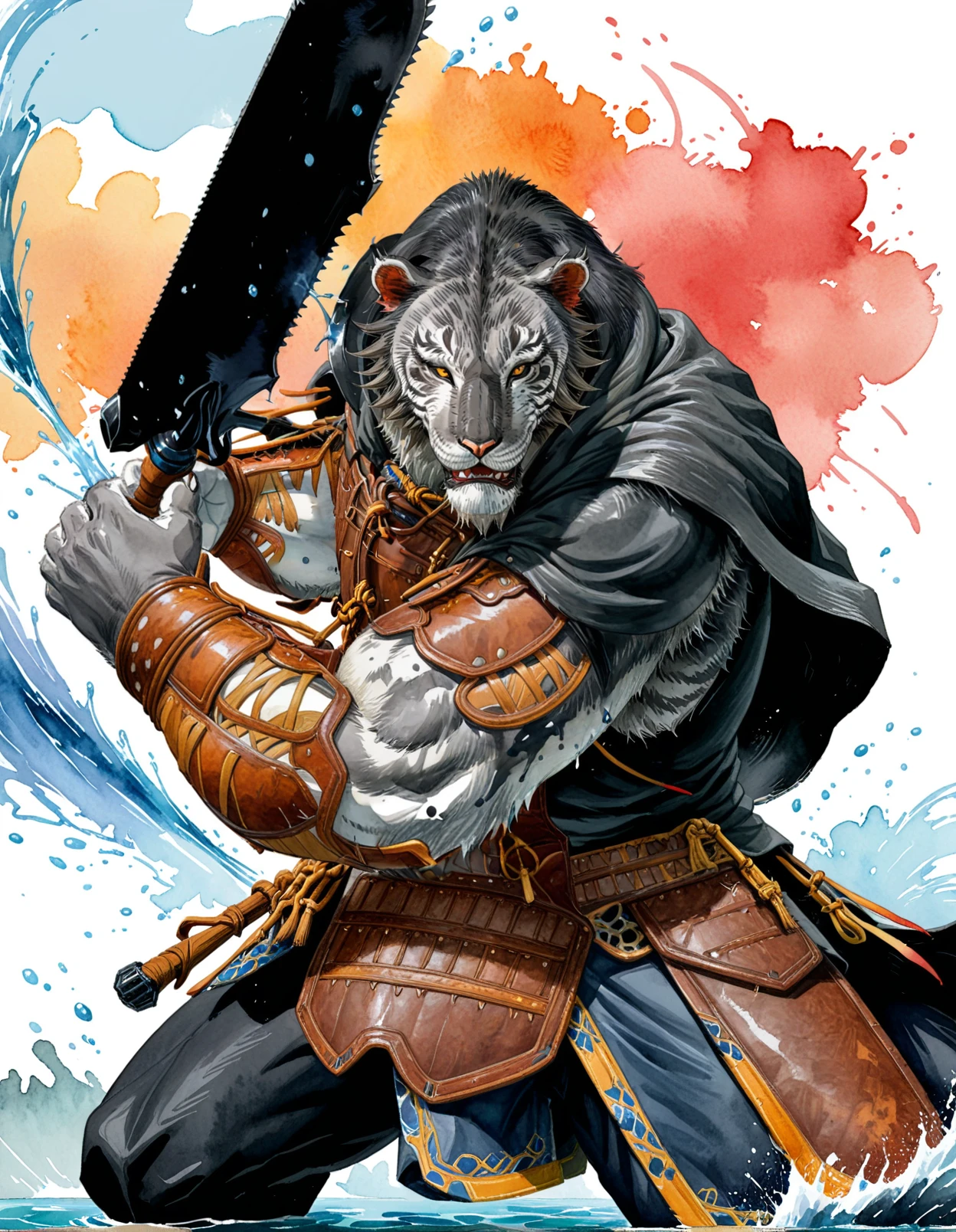 yinhu, tiger, (watercolor:1.2), ink splash, best quality, masterpiece, solo, anthro, male, mane hair, beard, yellow eyes, frown, angry, open mouth, teeth, side view, raised hand, holding broadsword, swing weapon, water,  black cape, armor, vambrace, action pose, simple background, narrowed eyes, 
<lora:BlackMythYinHu_seaart-1.0.12:1>