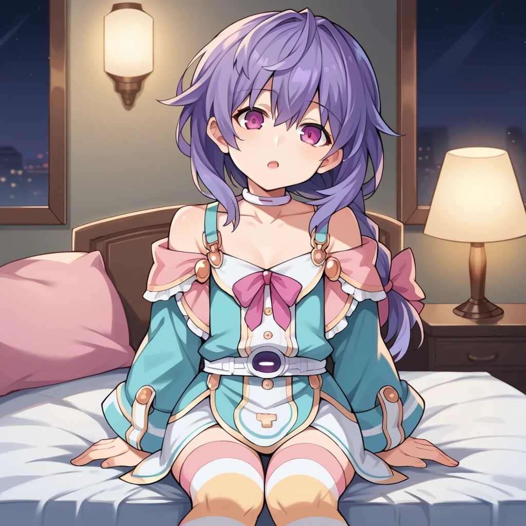 score_9_up, score_8_up, score_7_up, source_anime, 1girl, solo, PlutNep, Plutia, night time, dimmed light, lamp, bedroom interior, sitting on bed, head tilt, looking at you, confused, open mouth, braided ponytail, purple hair, purple eyes, strap dress, shoulder straps, detached sleeves, striped thighhighs, white belt, aqua dress, white skirt, pink ribbon, wide sleeves, aqua sleeves, long sleeves, pink bow, hair bow, white choker, collarbone,  dynamic cowboy shot, indoors, bedroom background