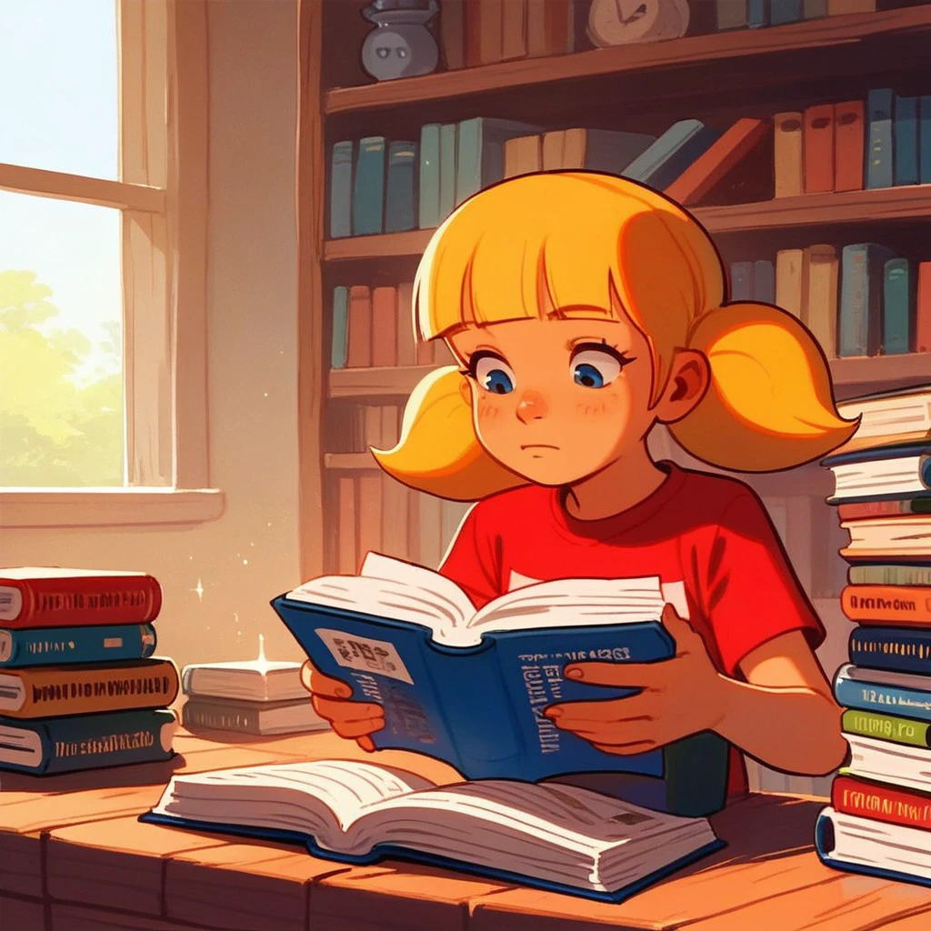 score_9, score_8, score_7, score_6, 1girl, pe_nny, twin tails, red shirt with a white stripe, reading a book, Blond hair