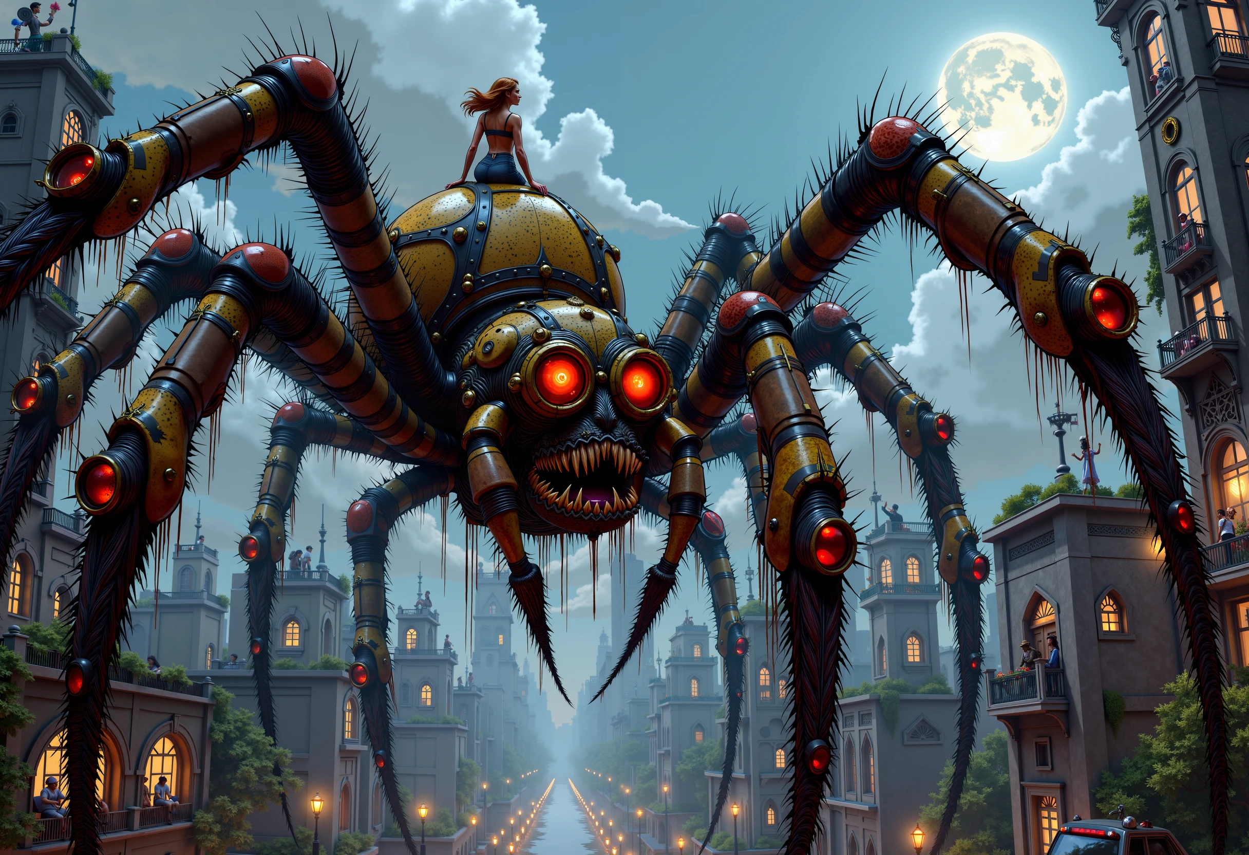 streampunk illustration,giant steampunk mechanical style spider standing on the top of a steampunk very tall building, looking at the cityscape. Spider has light up eyes that illuminate the steampunk work. Woman riding on top. Digital illustration, cinematic. Amazing to look at.