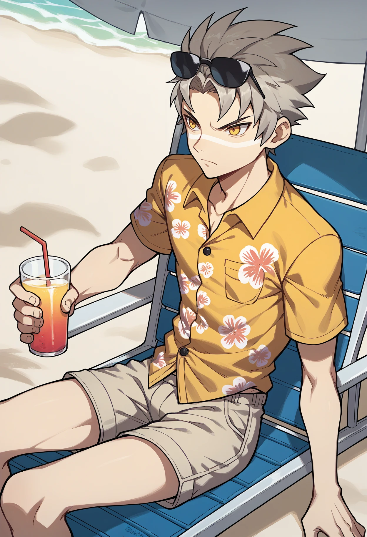 wide Shot,best hands,best quality,(masterpiece:1.1576), (ultra detailed 8k art:1.05),1 male,(black hair, buzz cut:1.12),(drink 1 beer,Sweat,1 beer mug,blue eyes, dark skin),close-up 1 male, (Hawaiian shirt:1.5),cowboy Shot,smile,fresh,outdoor,beach,looking the viewer BREAK
(shirt fully unbuttoned,shirt wide open), spread legs, Adirondack Chair,(men's white micro bikini,yellow Beach Umbrella,crowded beach with people in swimsuits:1.2), naked waist