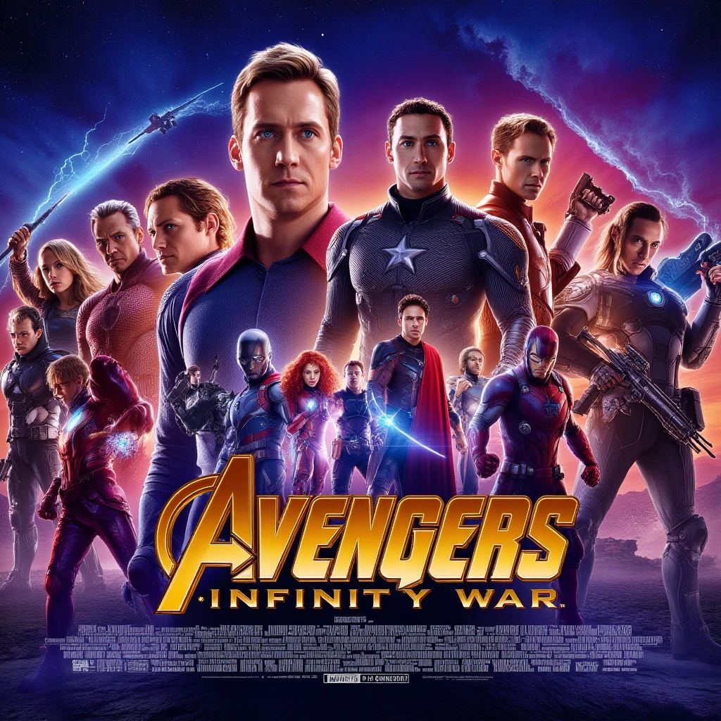 <lora:perfect text title style v2:1>
A perfect text title of dvd cover of a poster of avengers infinity war poster, dvd cover style, sharp, detailed, cinematic, movieer, film poster, creative poster, blonde hair, black hair, weapon, multiple boys, sword, armor, gun, bodysuit, facial hair, copyright name, helmet, beard, science fiction, 6+boys, shield, realistic, logo, retro artstyle, space, power armor, avengers