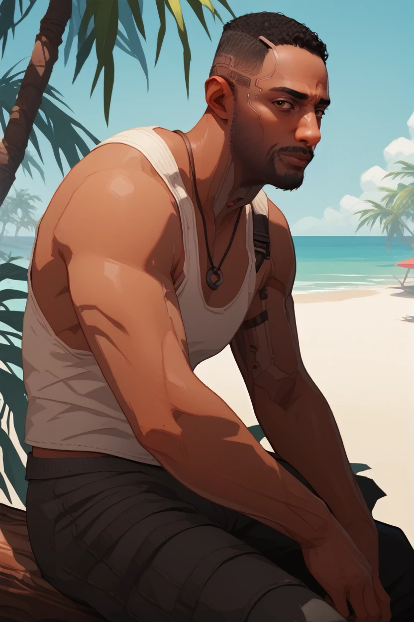 score_9, score_8_up, score_7_up, score_6_up
<lora:CyberReed:1.0>
CyberReed, 1boy, black hair, brown eyes, dark skin, facial hair, mechanical parts, looking at viewer, male model in a tank top, sitting on a large driftwood log, beach in the background, calm ocean, soft lighting, peaceful and relaxed atmosphere