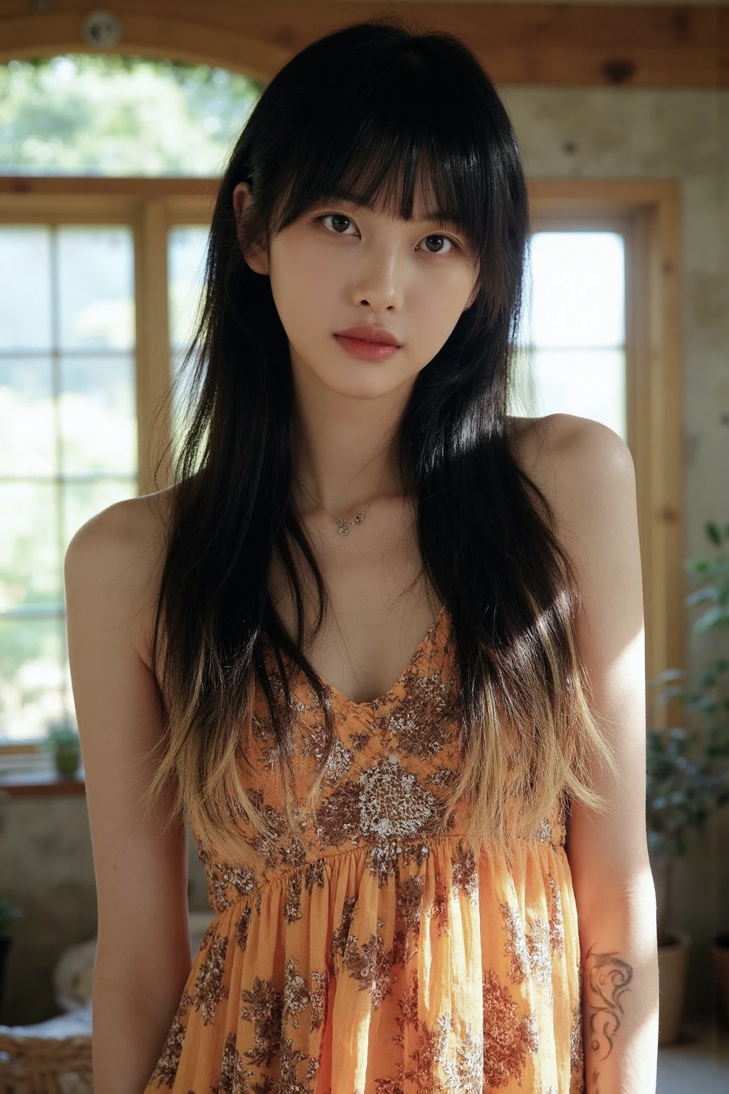 bright photo of beautiful korean girl with long wavy hair wearing bohemian dress, inside a rustic house with windows, necklace,studio lighting, realistic light reflections, , pale skin, detailed skin, <lora:flux_realism_lora:1>,  <lora:makinaflux_gomalsook_v1.0:1>