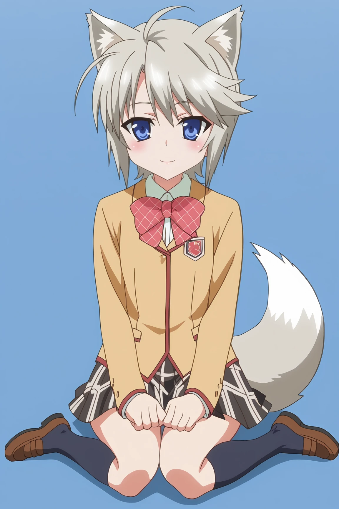 score_9, score_8_up, score_7_up, source anime, prefect lighting, very aesthetic, BREAK, anime coloring, anime screencap,
<lora:ezomori_nozomu_v1-pdv6:1>, 1girl, ezomori nozomu, kanokon, blue eyes, grey hair, short hair, wolf ears, wolf tail,
school uniform, long sleeves, bow, plaid skirt, kneehighs,
BREAK, light smile, blush, looking at viewer,
BREAK,