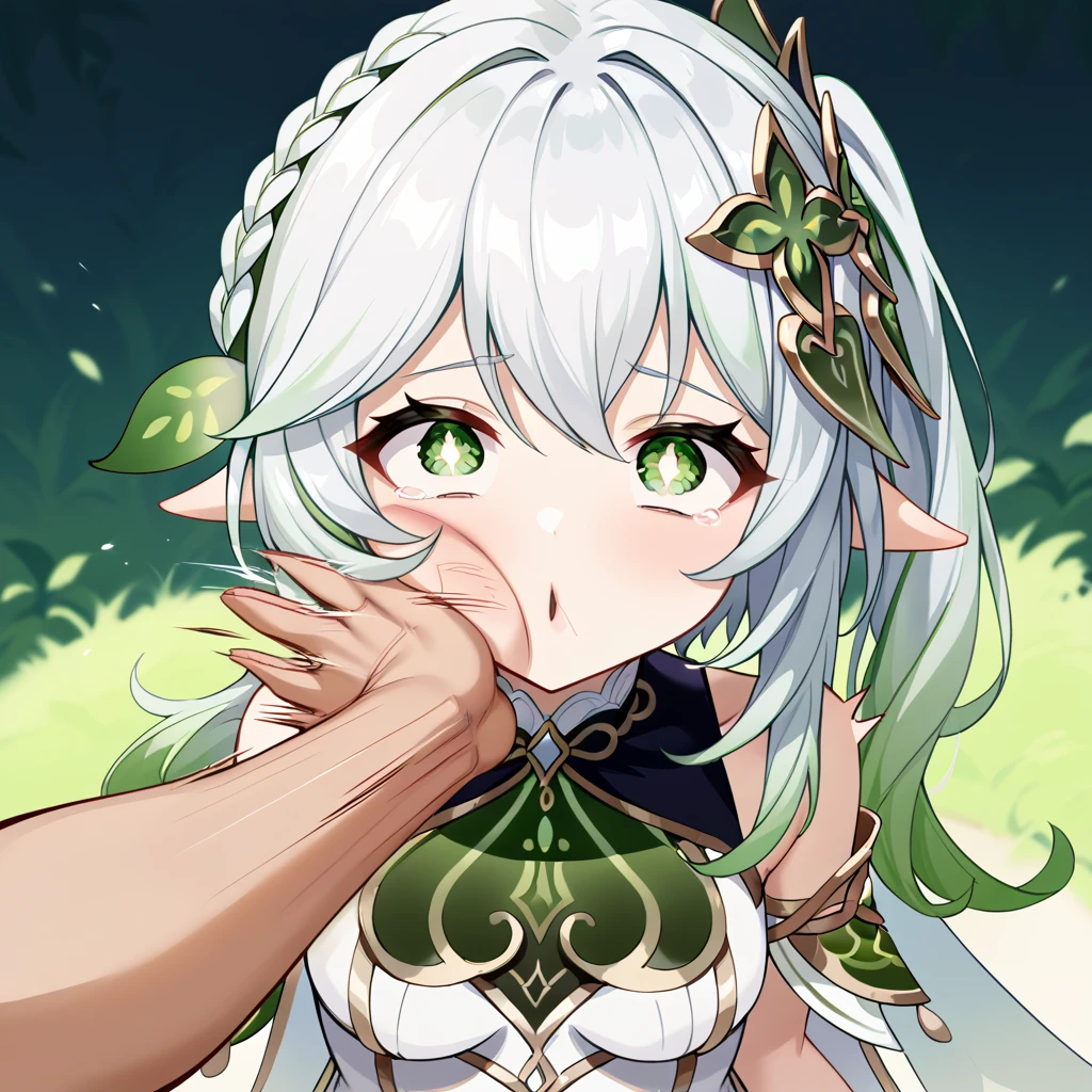 ((masterpiece,best quality)),high resolution, highly detailed,8k,16k,detailed background, perfect lighting, 1girl, nsfw,embarrassed,blush, looking up,show off nipple,steam,(pov:1.3),face focus,confused, watery eye ,(cum in mouth,cum on face:1.2),open mouth,stick tongue out,from above,front face,kneeling,fair skin,forest,flat chest,nahida,white hair,green eyes,side ponytale,hair ornament,short stature,(torn dress)