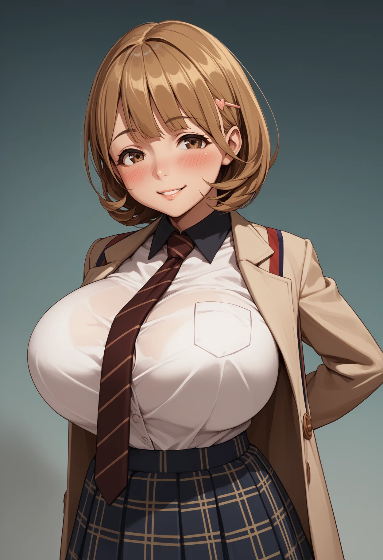 score_9, score_8_up, score_7_up, source_anime BREAK 1girl, solo, <lora:ryoukanarusawa-on-richy-v1_pdxl:1> ryoukalt, brown eyes, brown hair, short hair, huge breasts, hairclip, striped necktie, jacket, white shirt, plaid skirt, white thighhighs, white gloves, shirt tucked in, tented shirt
, parted lips, blush, looking at viewer, bursting breasts, arms behind back, smug, smile