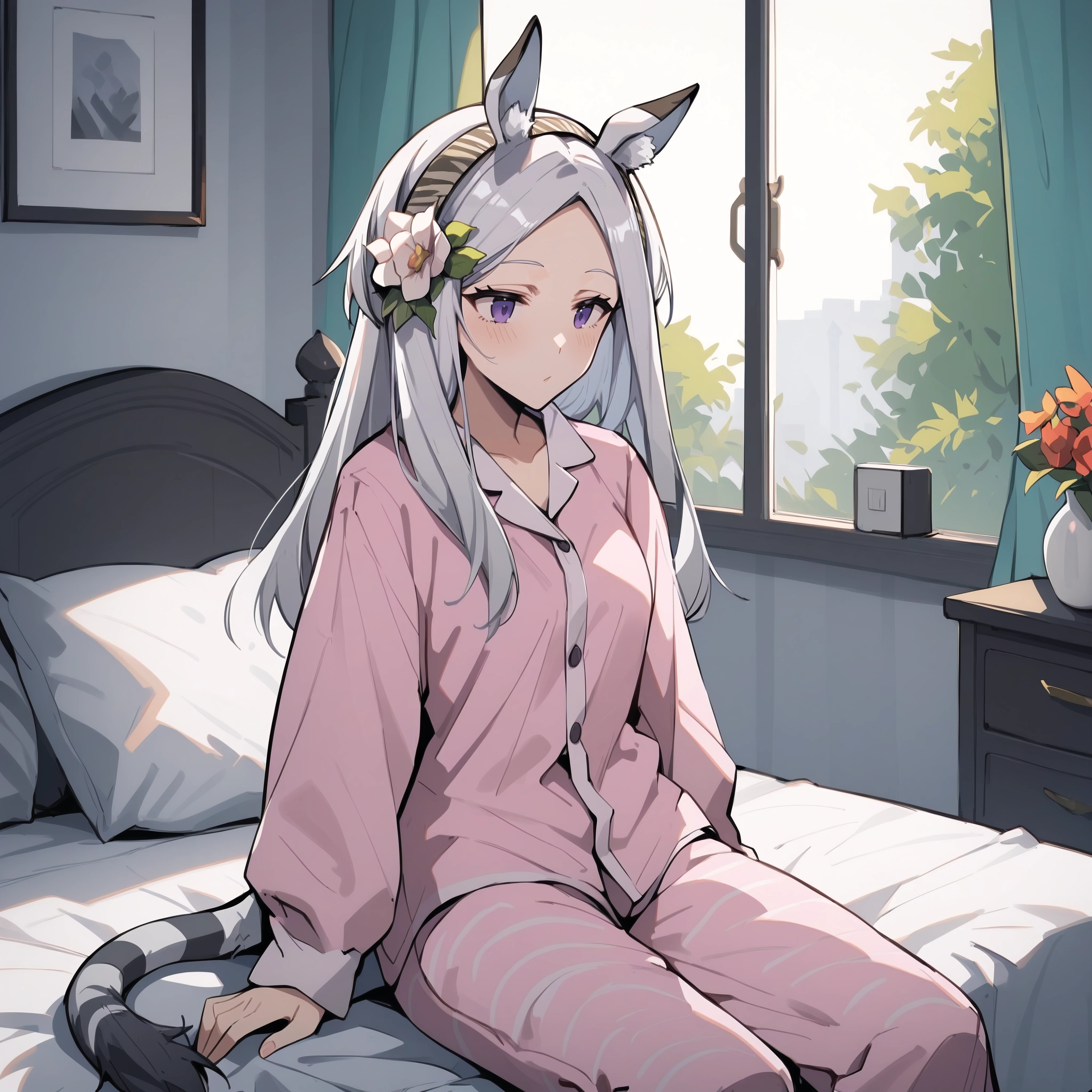 score_9, score_8_up, score_7_up, score_6_up, anime style, source_anime, BREAK
1girl, solo, bedroom, pink pajamas, sitting on bed,
<lora:Heavyrain_pony-000014:1> normalrain, animal_ears, long_hair, horse_ears, purple_eyes, hairband, grey_hair, hair_ornament, hair_flower, white_hair, striped tail,