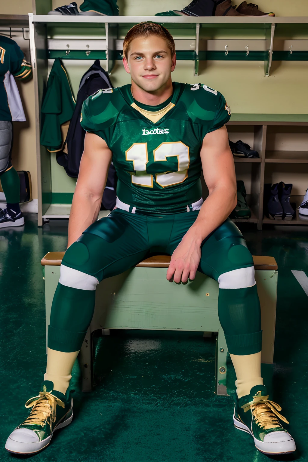 locker room, sitting on bench, in front of lockers, slightly smiling, JakeWilder is an (American football player), wearing (football uniform), (dark green jersey:1.3), dark green shoulder pads, jersey number 10, (dark green football pants:1.4), (pale gold socks:1.3), long socks, (sneakers:1.3), (((full body portrait))), wide angle   <lora:JakeWilder:0.8>