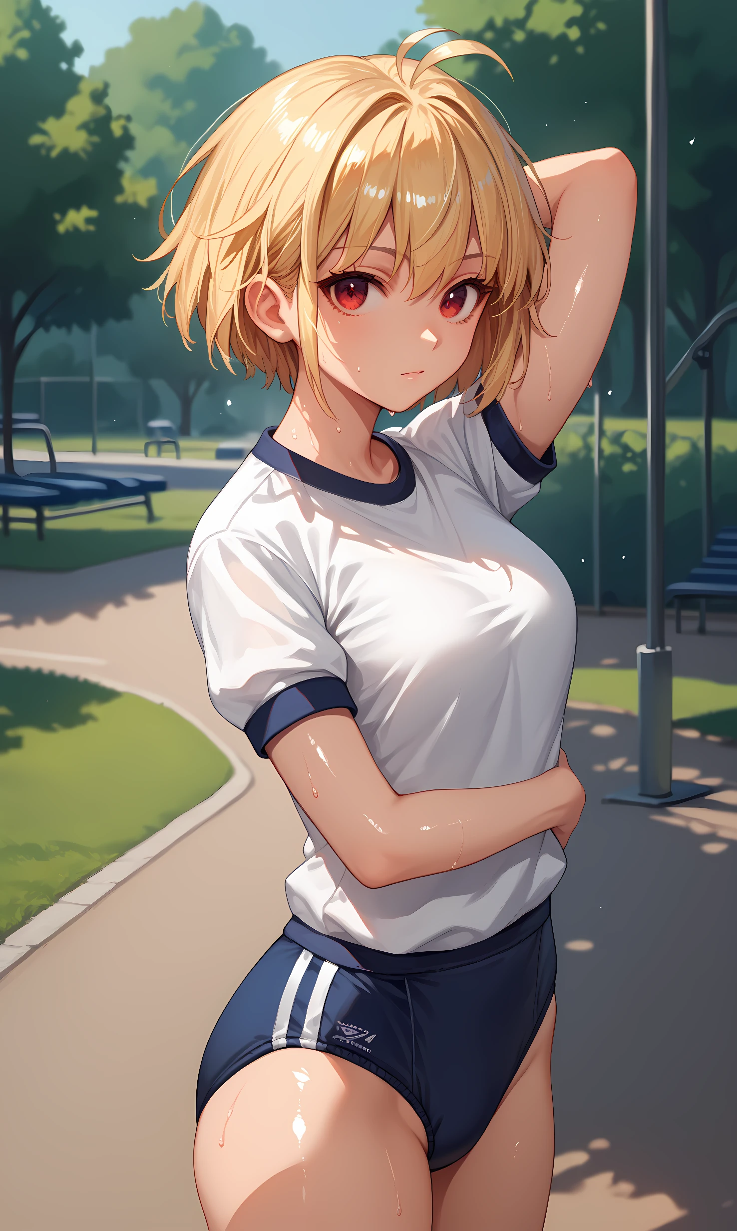 score_9, score_8_up, score_7_up, source_anime, 1girl, solo, outdoors, park, cowboy shot, standing, looking at viewer, shiny skin, arcueid, red eyes, blonde hair, short hair, ahoge, white shirt, short sleeves, gym uniform, buruma, sweat, stretching, arm up 