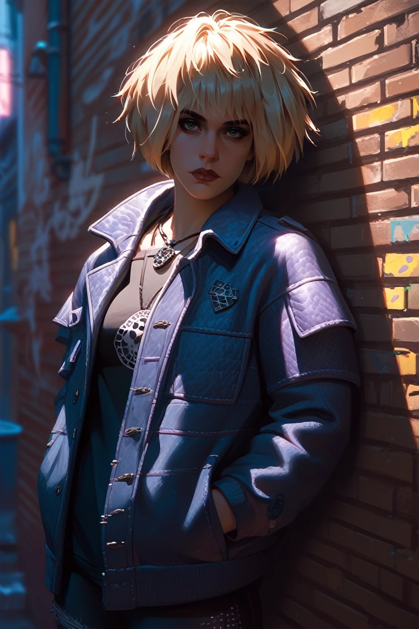 score_9, score_8_up, score_7_up, score_6_up
<lora:CyberMisty:0.8>
CyberMisty, 1girl, blonde hair, looking at viewer, leaning against a brick wall, hands in jacket pockets, urban alleyway with graffiti art, moody lighting with shadows, edgy and modern vibe