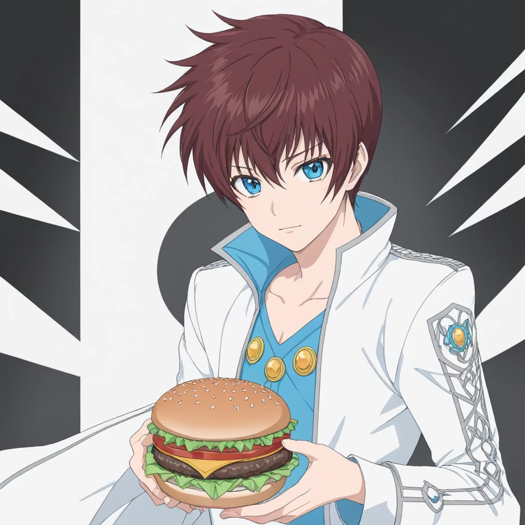 asbel, male, blue eyes, white clothes, short dark brown-red hair, solo, anime eyes,
burger king, burger, 
 <lora:ASBEL-XL-t2:0.6>