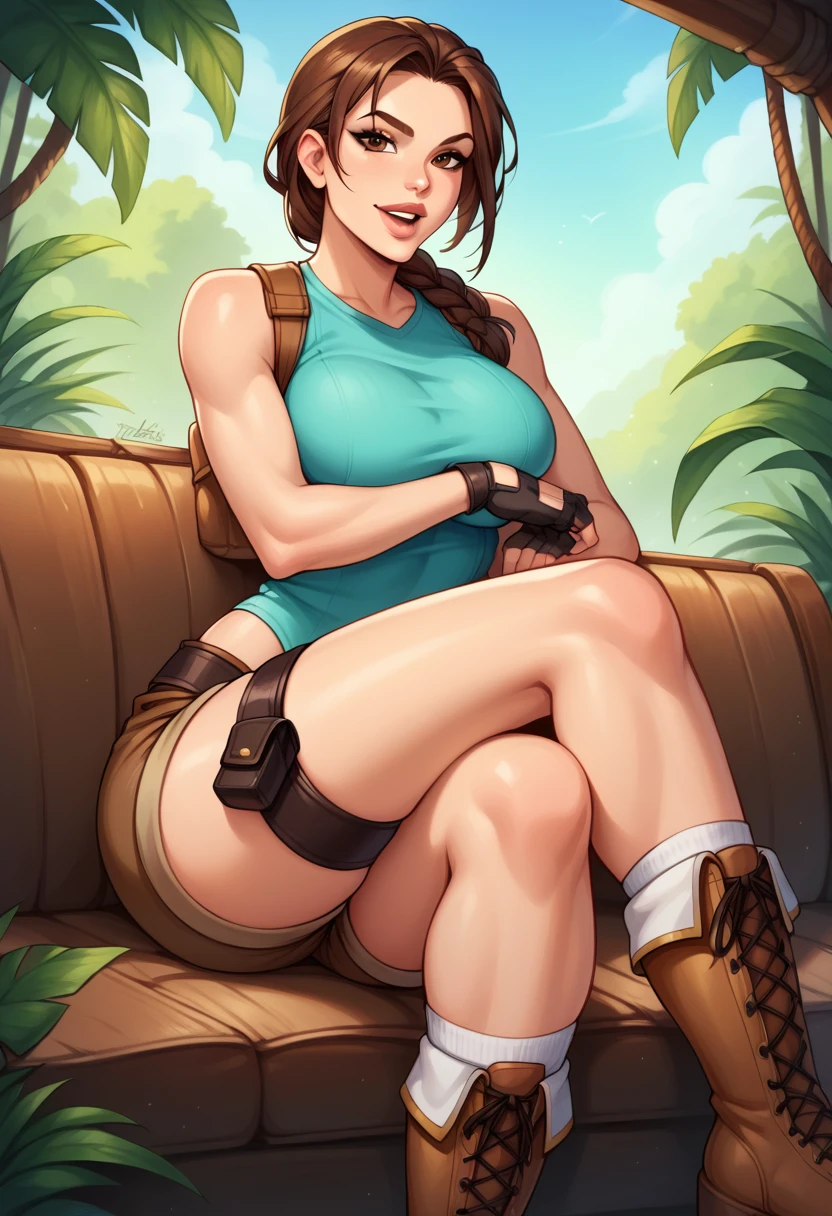 score_9, score_8_up, score_7_up, source_anime, BREAK solo, 1 girl, <lora:ClassicLaraCroft:0.8>, TRLCLAS, brown hair, brown eyes, single braid, lips, teal tanktop, large breasts, sleeveless, shoulder strap, brown shorts, thigh holster, seductive smile, looking at viewer, sitting, crossed legs, couch, jungle, indoors, wooden wall, open mouth, map, 1 girl, solo, boots, socks, fingerless gloves,