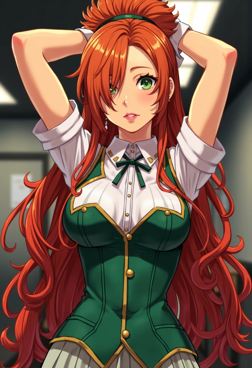 This is a vibrant digital anime photo of Generate a magnificent, best quality illustration, Baroness, Average Height, in shape, Triangular Face, Tan Skin, Auburn Hair, Green Eyes, Narrow Nose, Full Lips, Prominent Chin, Long Hair, Curly Hair, High Messy Bun, full breasts, Drop earrings, gloss gloss lipstick, Neo-Conceptualism, Mesmerizing, pointing, arms raised above head, Perspective, Emphasis, Disintegration , staff room