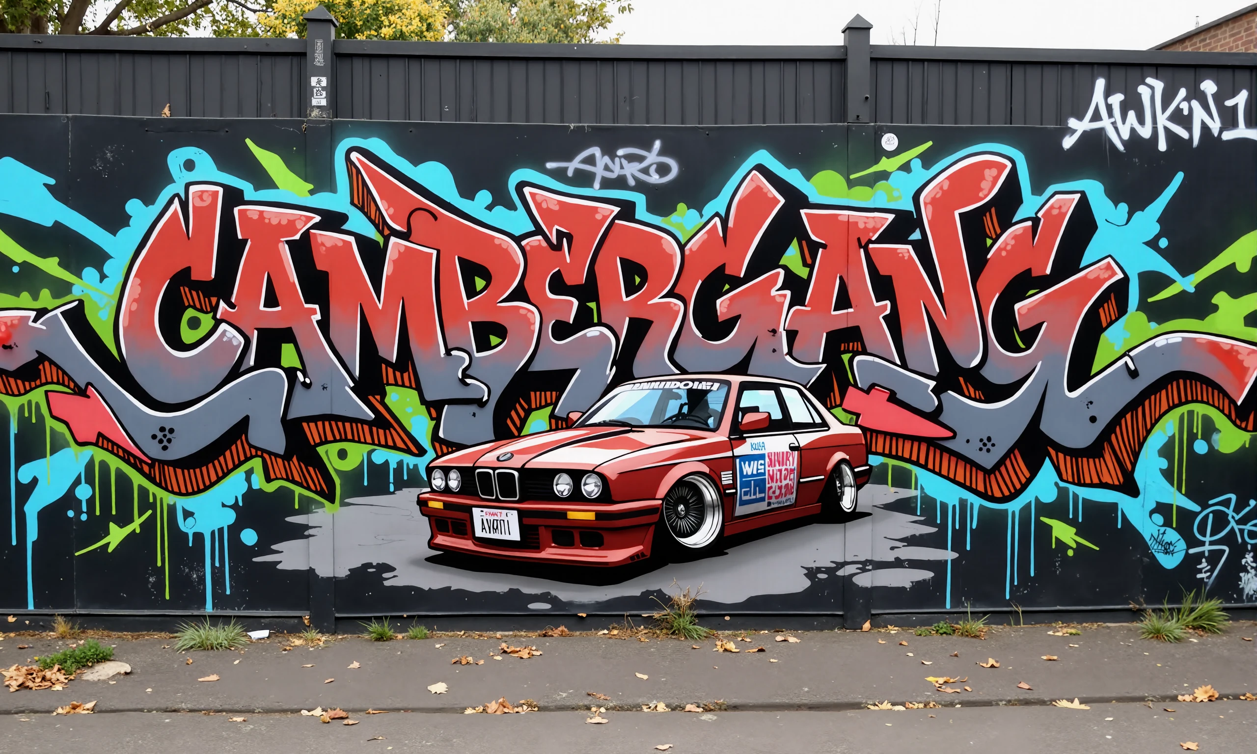 GRFTI Isolated graffiti art features the word "CAMBERGANG" in stylized, flowing letters with shades of red and charcoal gray. It features a cartoon JDM VIP very cambered car. The background is black with neon blue and green accents and arrow motifs, enhancing the dynamic composition, additional graffiti tag "AWKN1", The overall composition is bold and eye-catching, set against a solid black canvas, focusing solely on the letters