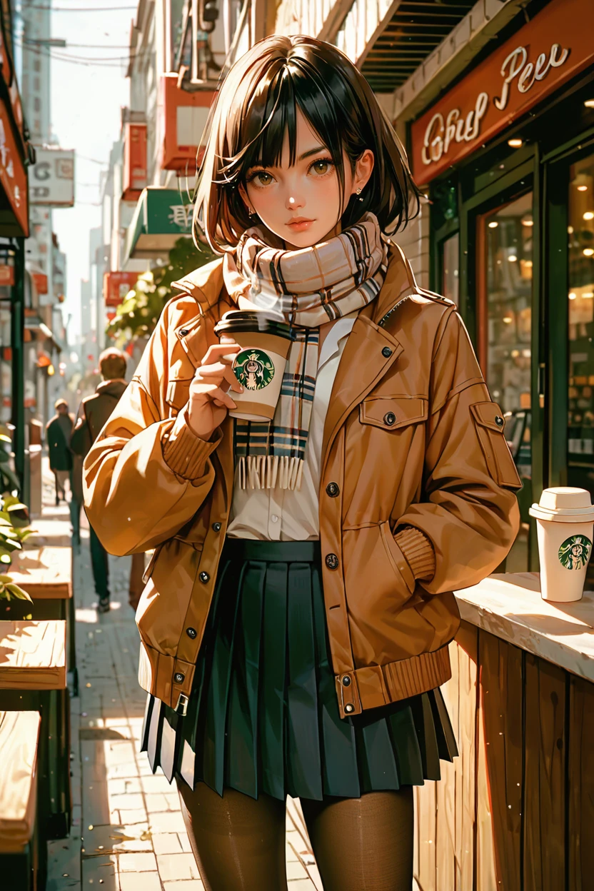 <lora:doa_nagisa:0.9> nagisa, scarf, jacket, coffee shop, pleated skirt, pantyhose, score_9, score_8_up, score_7_up, zPDXL3