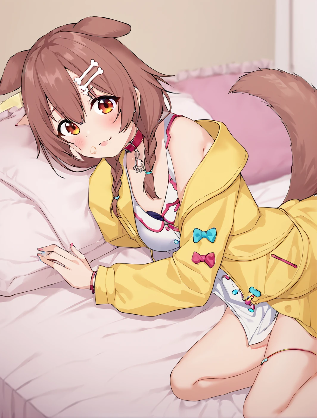 <lora:Yukino_Yukinoshita_SDXL_r2:1> yukino_yukinoshita, 1girl, yukino_main_outfit, animal ears, virtual youtuber, dog ears, dog tail, hair ornament, bone hair ornament, yellow jacket, lay on bed , sexy , bedroom background