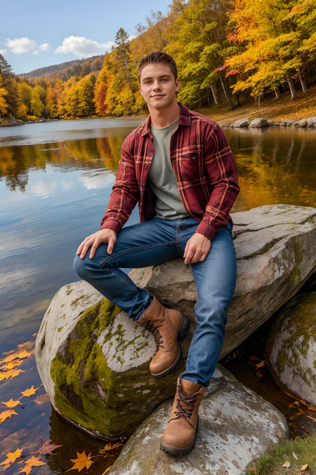 autumn,  afternoon, edge of a tranquil lake, forested hill in background, fall foliage, (sitting on a boulder), JakeWilder, wearing flannel shirt, jeans, hiking boots, (((full body portrait))), wide angle,  <lora:JakeWilder:0.8>