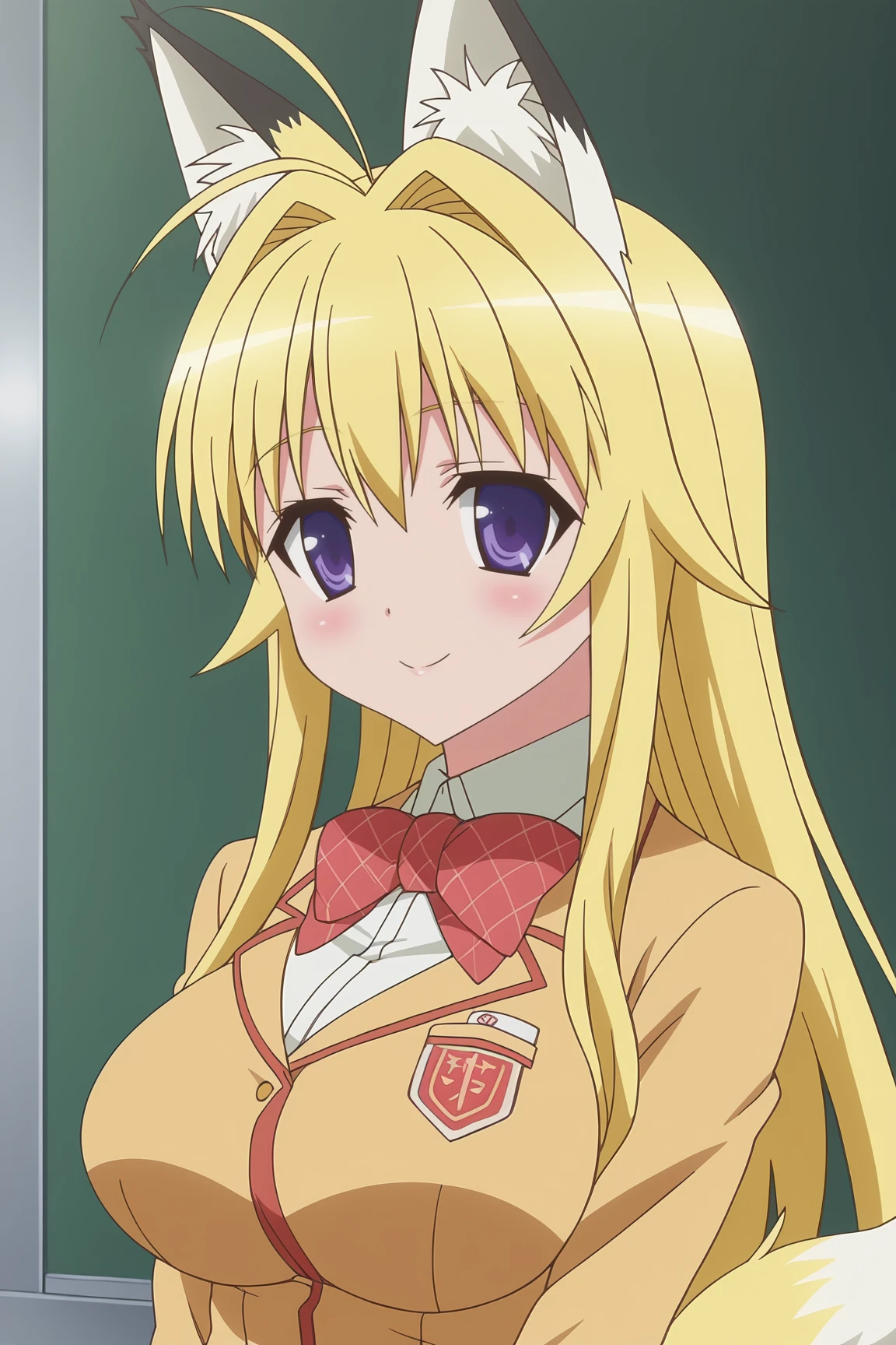 score_9, score_8_up, score_7_up, source anime, prefect lighting, very aesthetic, BREAK, anime coloring, anime screencap,
<lora:minamoto_chizuru_v1-pdv6:1>, 1girl, minamoto chizuru, kanokon, purple eyes, fox ears, fox tail, blonde hair, long hair, large breasts,
school uniform, long sleeves, bow,
BREAK, light smile, blush, looking at viewer,
BREAK,