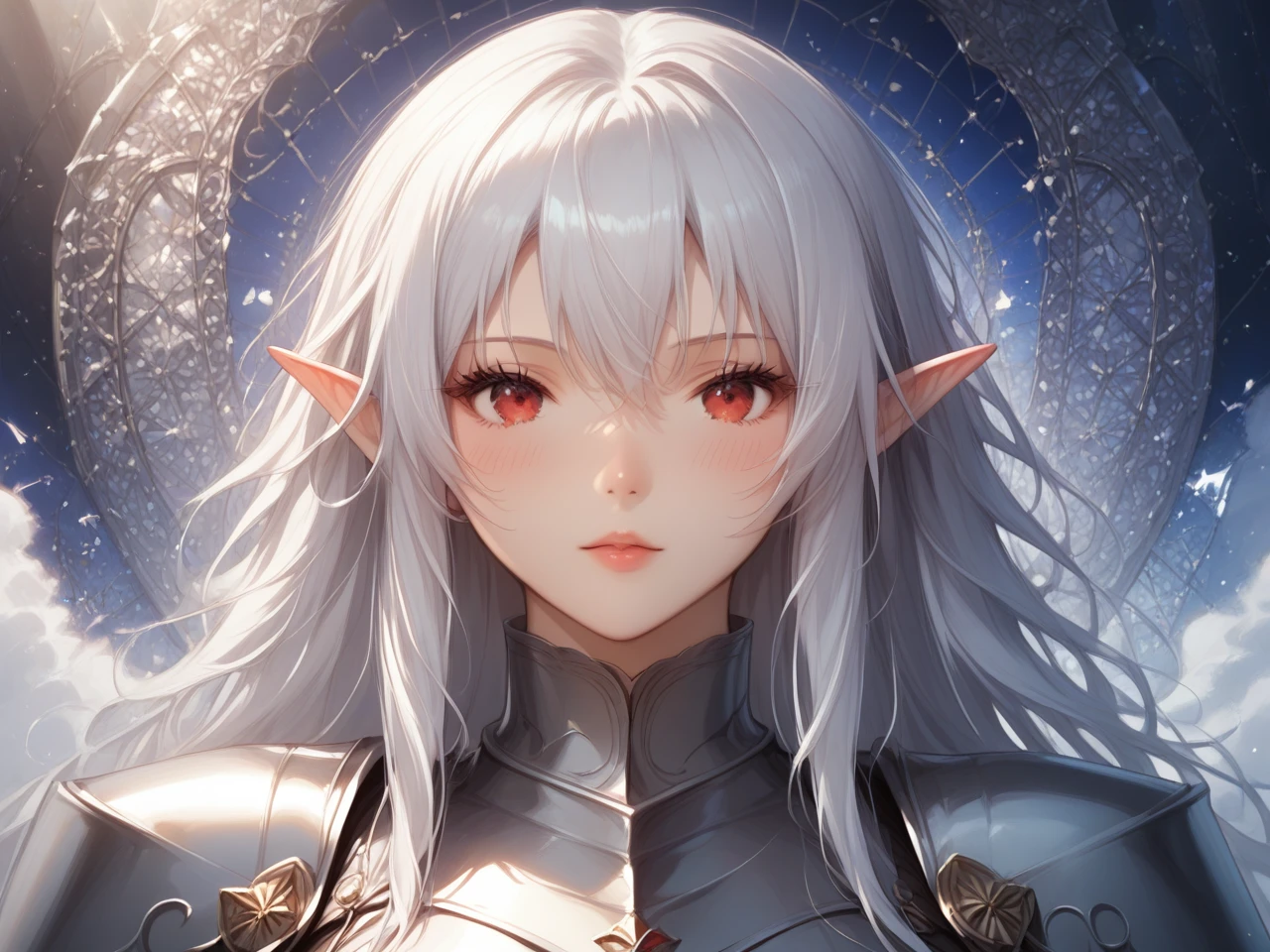 Drestoria-Style_V2, (masterpiece), (best quality), source_anime, perfect anatomy, digital_media_(artwork) hi_res, intricate, high quality, amazing quality, Highly Detailed, Perfect Face, elf, knight, red eyes, white hair, semi-realistic, nose, detailed background