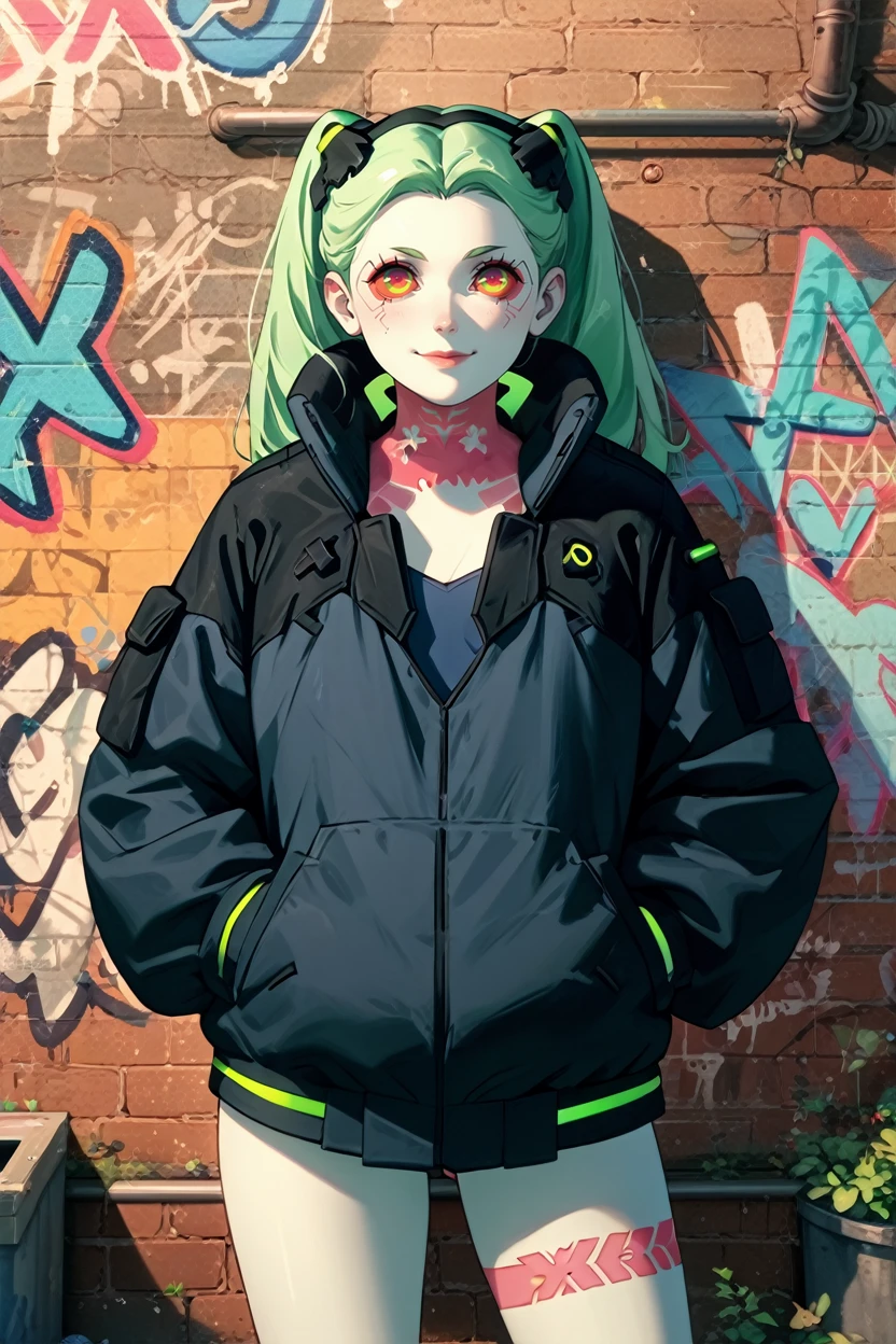 score_9, score_8_up, score_7_up, score_6_up
<lora:ERRebecca:0.8>
ERRebecca, 1girl, green hair, twin tails, red pupils, colored sclera, white skin, red tattoo, looking at viewer, playful smile, standing, hands in pockets, leaning against wall, graffiti-covered alley, evening light, vibrant colors