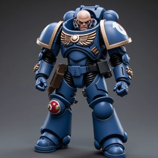 which makes him the focal point.  The Space Marine has a muscular build with a bald head, specifically a Space Marine. The character is a Marine from the Dark Angels chapter, armored warrior, detailed photograph of a highly detailed, typical of the iconic Space Marine color scheme. The figure stands with a dynamic pose, slightly rounded armor plates that cover the torso, Ultramarines Intercessors The image is a high-quality CGI rendering of a humanoid figure, likely from a game or anime series. The figure is a blue-skinned humanoid with a muscular build