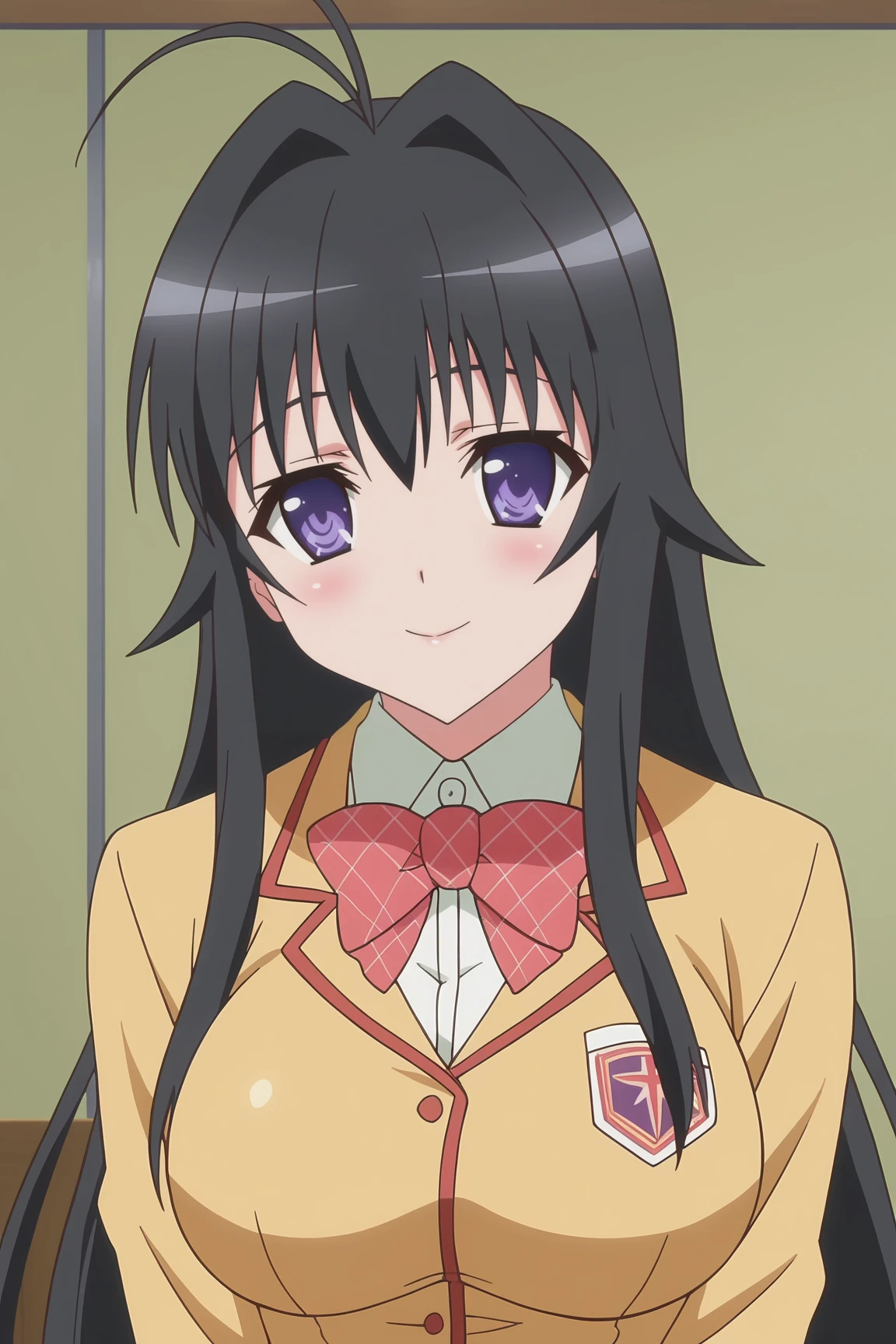 score_9, score_8_up, score_7_up, source anime, prefect lighting, very aesthetic, BREAK, anime coloring, anime screencap,
<lora:minamoto_chizuru_v1-pdv6:1>, 1girl, minamoto chizuru, kanokon, purple eyes, black hair, long hair, large breasts,
school uniform, long sleeves, bow,
BREAK, light smile, blush, looking at viewer, upper body,
BREAK,