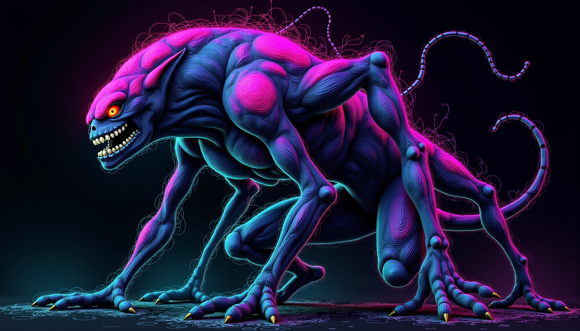 neon line art, drawing, ,This creature is a hybrid of spider-man and alien. It's tall and lean, with a long head, big black eyes, and pointed ears. Its grey, slimy skin and sharp claws contrast with human-like features - a nose, mouth, and sharp teeth. Long, thin fingers and a prehensile tail complete its unsettling yet intriguing appearance.