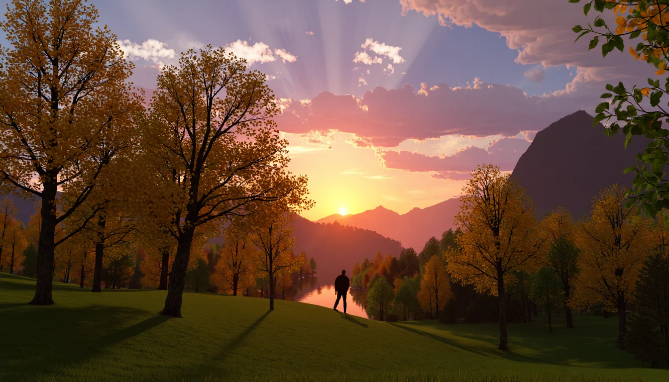 TRGN,3D,a man walking through a park during sunset