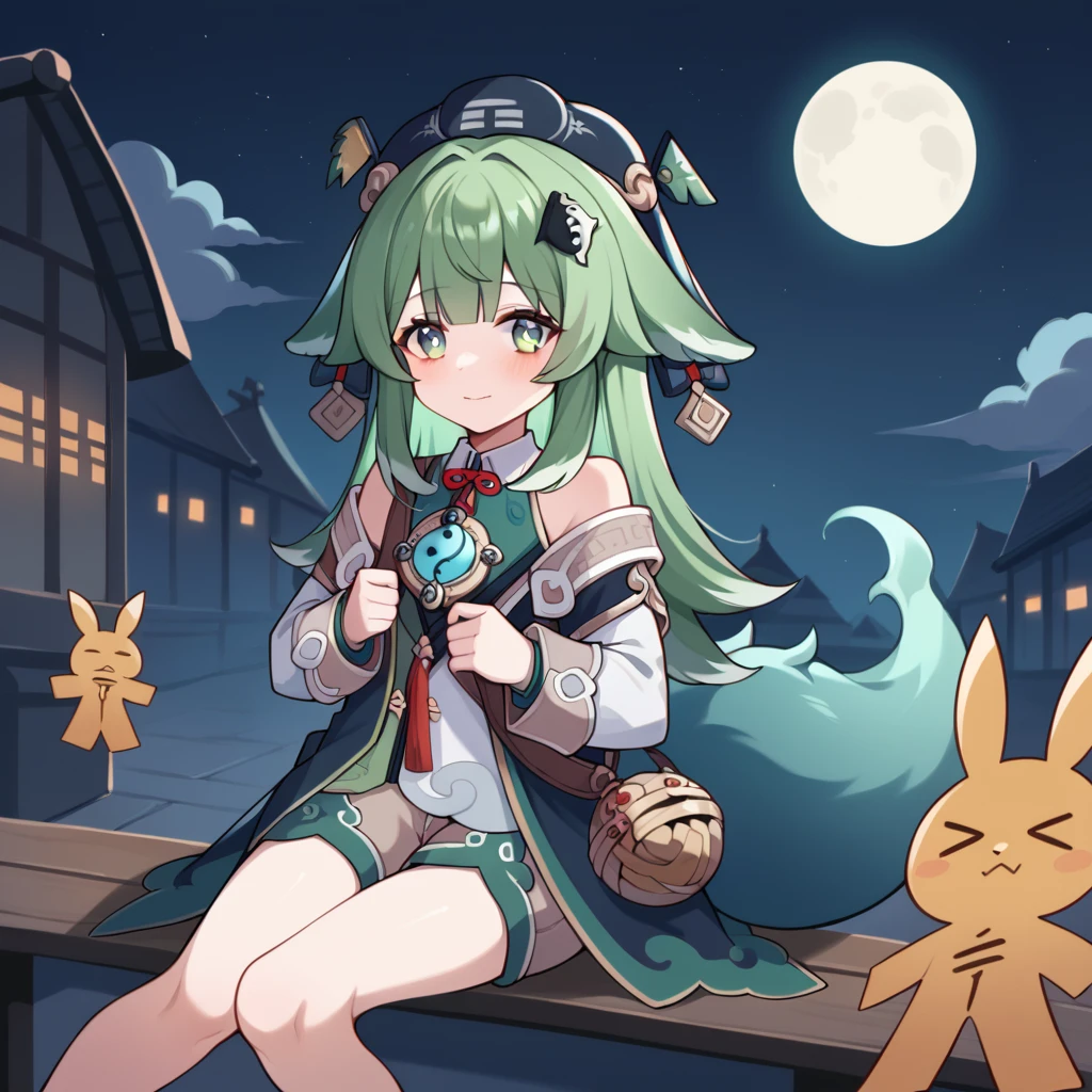 score_9_up, score_8_up, score_7_up, source_anime, masterpiece, best quality, 1girl, solo, HuoHuo, moon light, starry sky, night sky, Chinese town, sitting on bench, knees togethers, hands on lap, looking to side, slight blush, gentle smile, green hair, long hair, green eyes, animal ears, ghostly blue tail, tail, bare shoulders, puffy long sleeves, wide sleeves, white sleeves, dark green coat, off-shoulder coat, blue headwear. hat, brown shorts, short shorts, red tassel, neck ribbon, red ribbon, collared shirt, white shirt, hair ornament, chinese clothes, two-tone shirt, dress, green shirt, sleeveless shirt, amulet dynamic cowboy shot, outdoors, Chinese architecture background