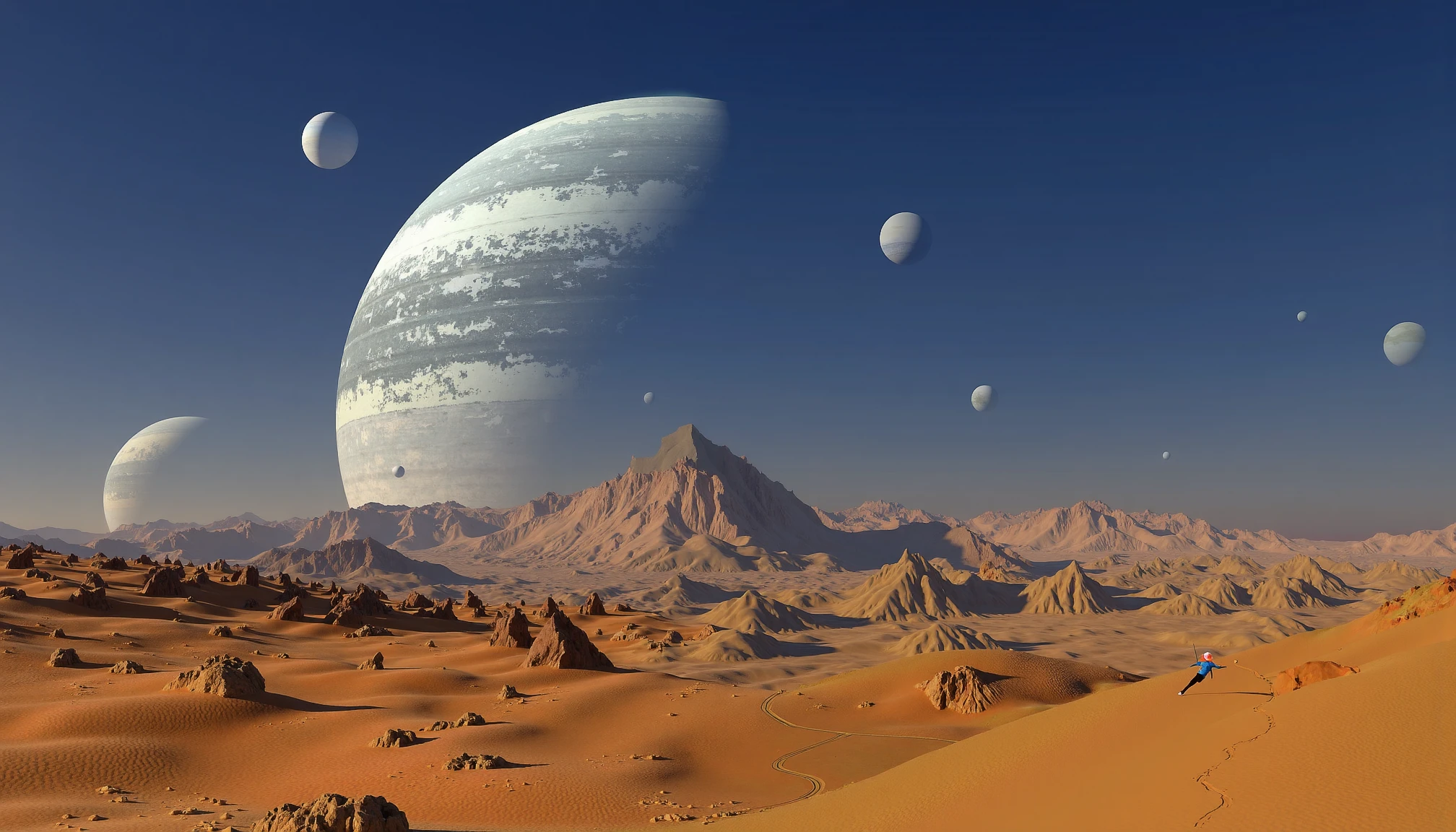 TRGN,3D,sci-fi desert landscape with various planets in the sky