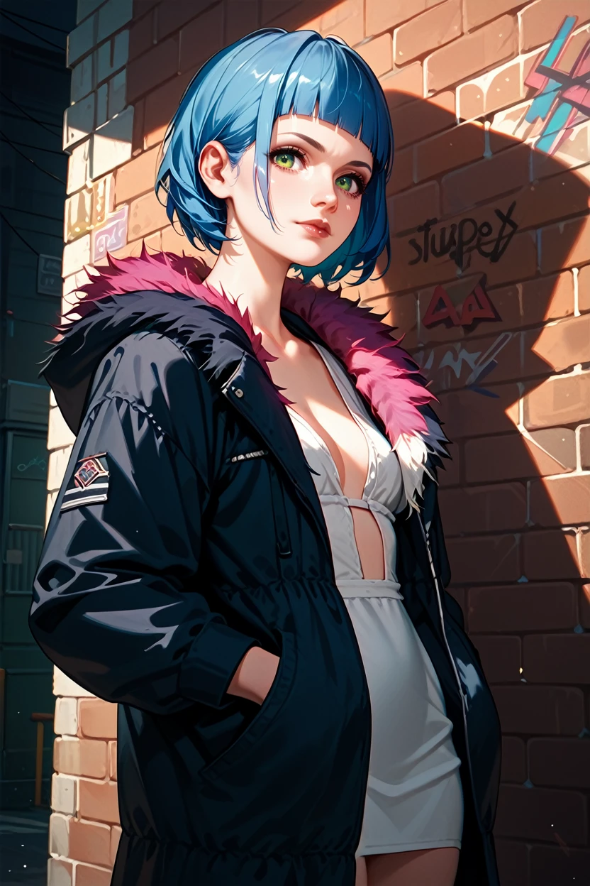 score_9, score_8_up, score_7_up, score_6_up
<lora:CyberEvelyn:0.8>
CyberEvelyn, 1girl, blue hair, short hair, green eyes, blunt bangs, looking at viewer, leaning against a brick wall, hands in jacket pockets, urban alleyway with graffiti art, moody lighting with shadows, edgy and modern vibe