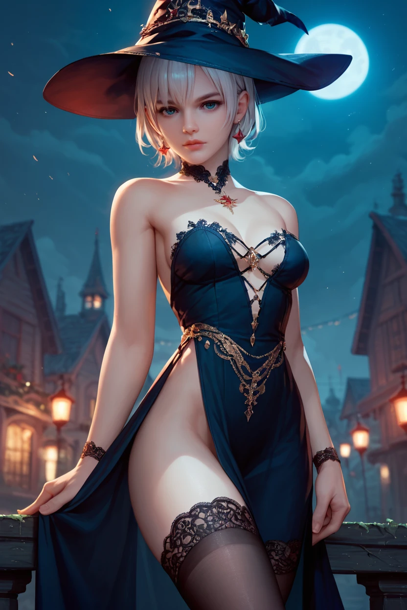 <lora:doa_luna:0.9> luna, witch dress, festive, gloomy, sexy,, masterpiece, thighhighs, lace trim, score_9, score_8_up, score_7_up, zPDXL3