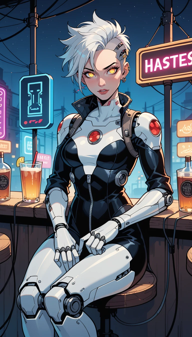 score_9, score_8_up, score_7_up, (Western Comics), mechanical android, girl, cute, seductive, innocent, short punk hair, mechanical arms, wires and cables, silver body, glowing led parts, ornaments detailed, sitting outside a pub, neon lights, bright colors, (street night background), (Cowboy shoot photo), (depth of field), (dynamic angle), (ultra detailed, high quality texture), (sharp), (artistic image)