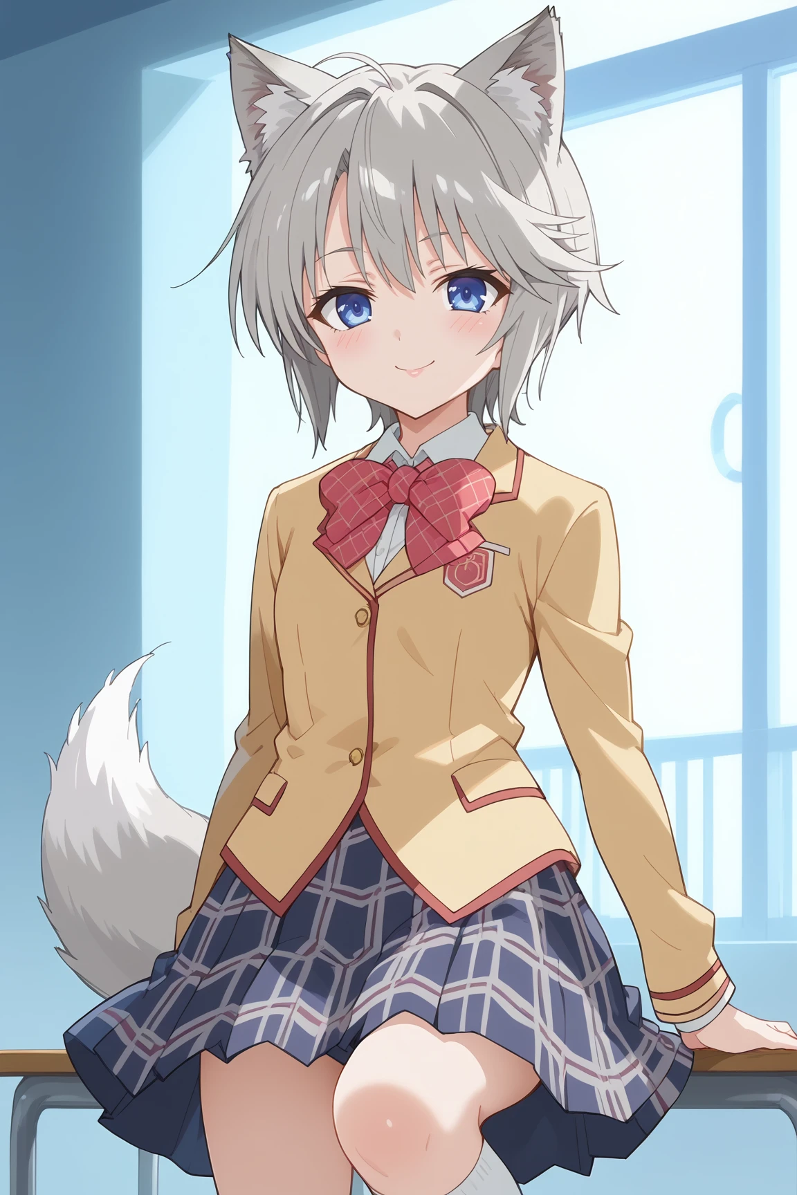 score_9, score_8_up, score_7_up, source anime, prefect lighting, very aesthetic, BREAK, anime coloring, anime screencap,
<lora:ezomori_nozomu_v1-pdv6:1>, 1girl, ezomori nozomu, kanokon, blue eyes, grey hair, short hair, wolf ears, wolf tail,
school uniform, long sleeves, bow, plaid skirt, kneehighs,
BREAK, light smile, blush, looking at viewer,
BREAK,