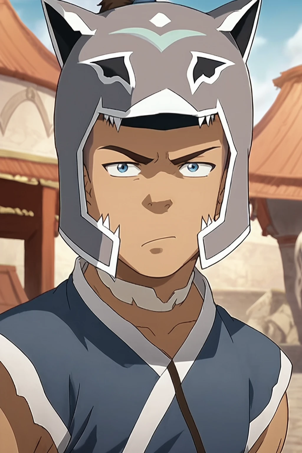 score_9, score_8_up, score_7_up,   <lora:sokka:0.8>, 1boy, solo, sokka, brown hair, short hair, blue eyes, water nation clothing, water nation helmet, helmet,  undercut, topknot, looking at the viewer, serious, official art, official style, flat color, anime screencap, outdoors,