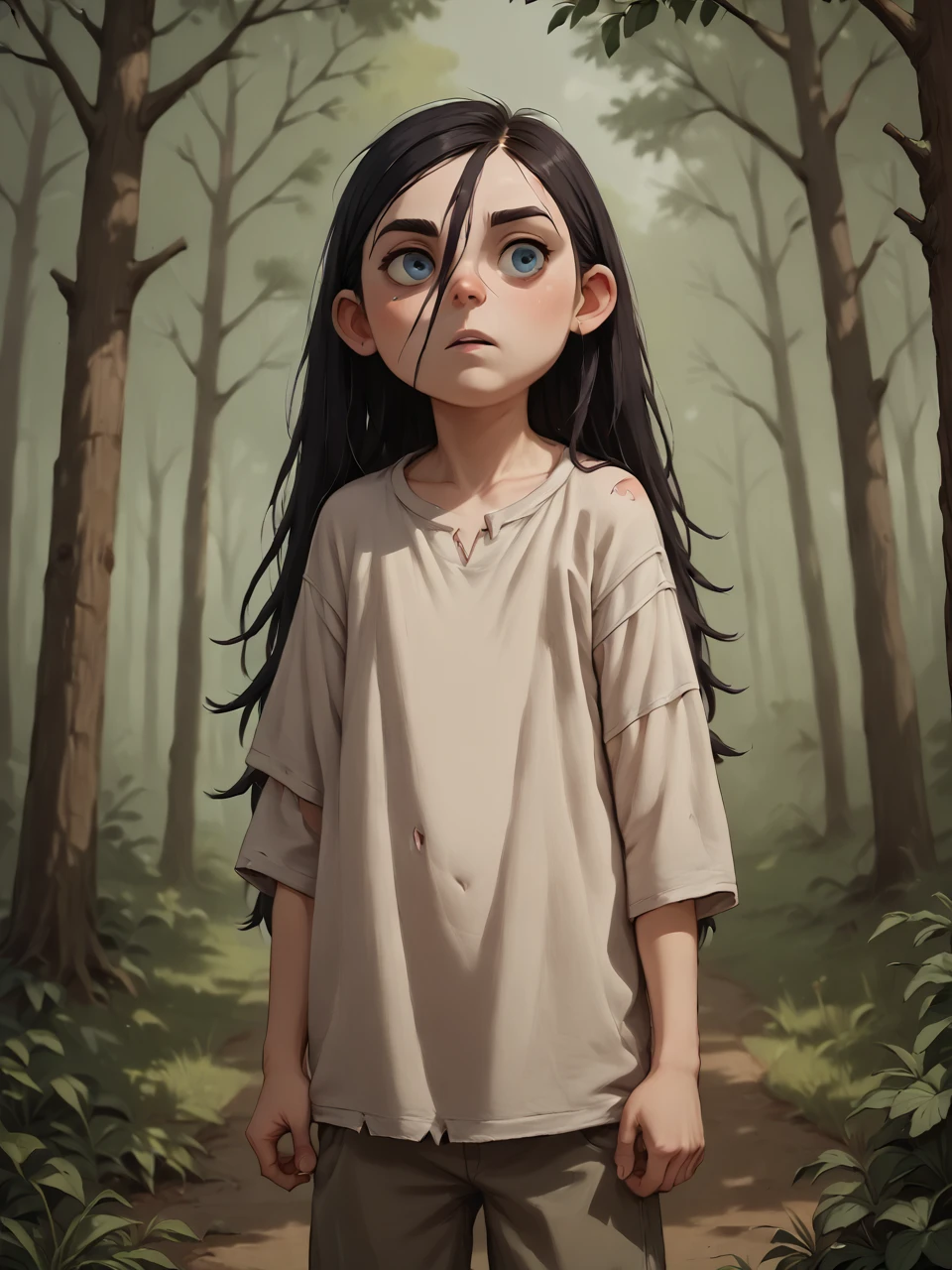 score_9, score_8_up, score_7_up,  score_6_up, BREAK, WolTruffles, 1girl, solo, black hair, long hair, hair between eyes, blue eyes, child, shirt, torn clothes, oversized clothes, in the forest<lora:Truffles:1>