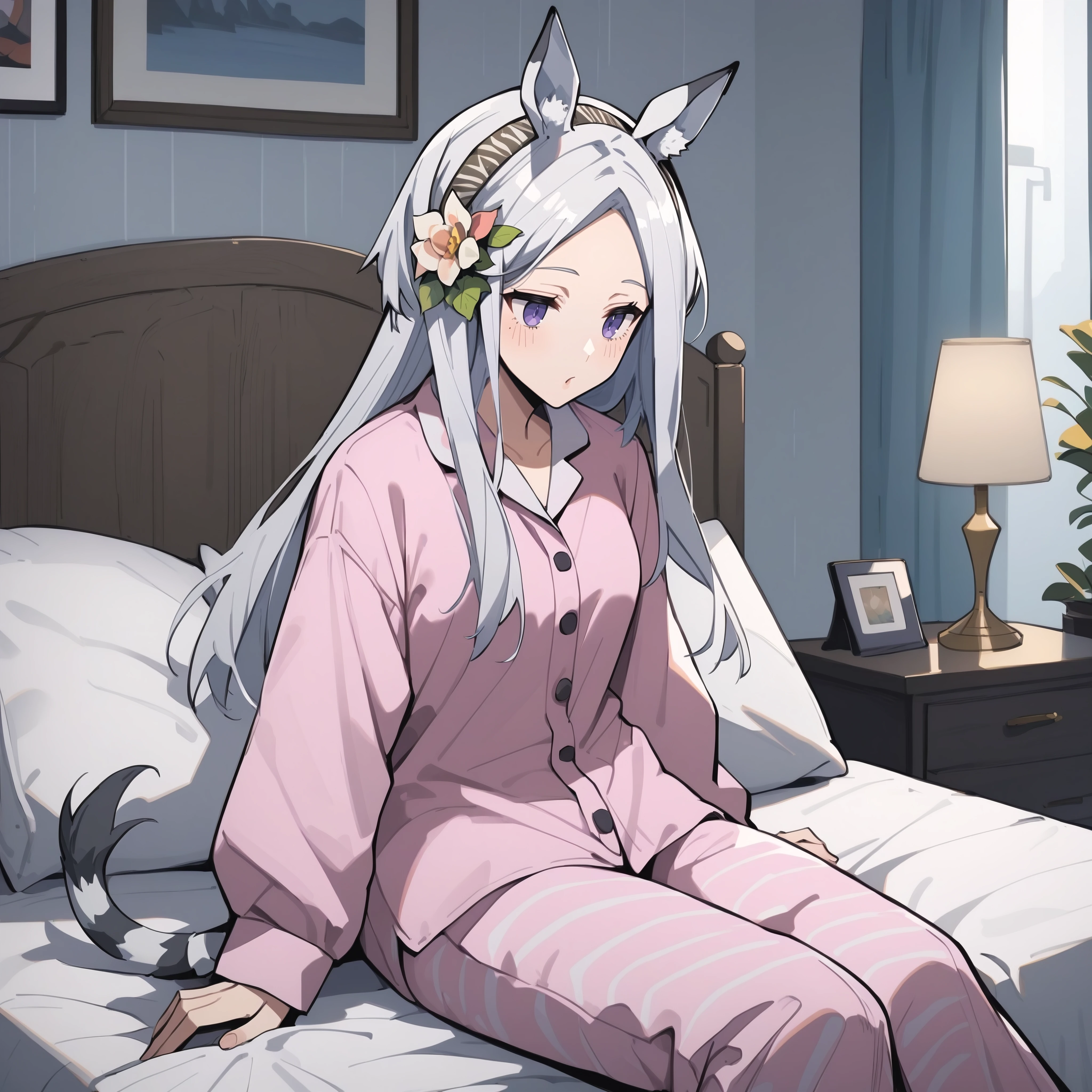 score_9, score_8_up, score_7_up, score_6_up, anime style, source_anime, BREAK
1girl, solo, bedroom, pink pajamas, sitting on bed,
<lora:Heavyrain_pony-000014:1> normalrain, animal_ears, long_hair, horse_ears, purple_eyes, hairband, grey_hair, hair_ornament, hair_flower, white_hair, striped tail,