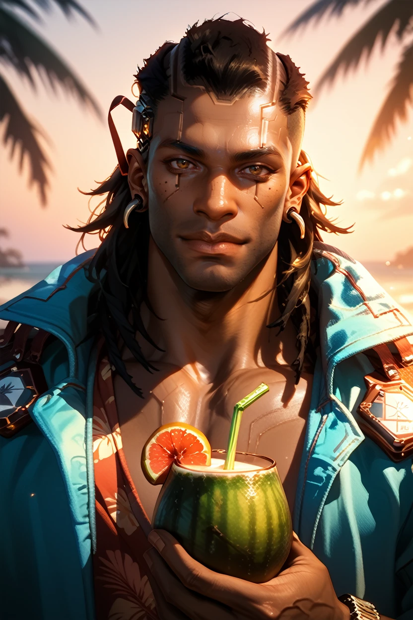 score_9, score_8_up, score_7_up, score_6_up
<lora:CyberPlacide:0.8>
CyberPlacide, 1boy, black hair, brown eyes, dark skin, muscular, looking at viewer, male model wearing a Hawaiian shirt, smiling, holding a coconut drink, vibrant sunset, palm trees swaying in the breeze, tropical vibes