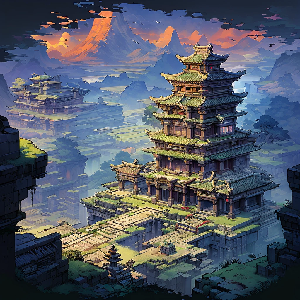 east_asian_architecture,mountain,scenery,ruins,bird,outdoors,water,twilight,ruins scene,2d game scene,