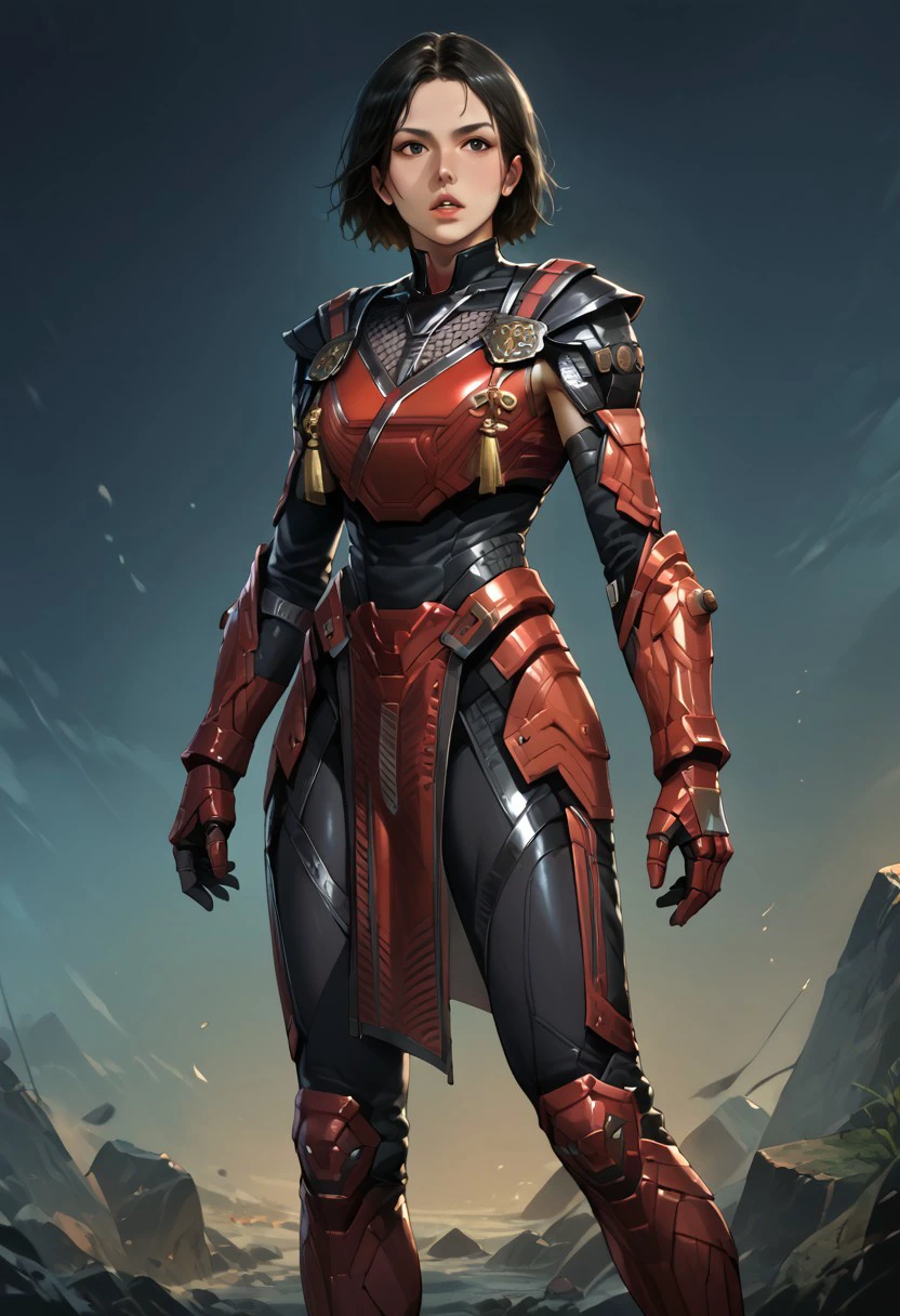 score_9, score_8_up, score_7_up, score_6_up, source_realistic, BREAK 1girl, solo, sektor, short hair, black hair, parted lips, black bodysuit, red body armor, gauntlets, leg armor, boots, pelvic curtain, standing,