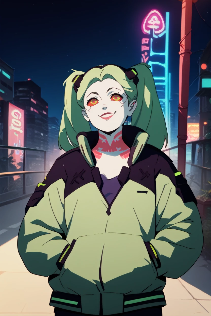 score_9, score_8_up, score_7_up, score_6_up
<lora:ERRebecca:0.8>
ERRebecca, 1girl, green hair, twin tails, red pupils, colored sclera, white skin, red tattoo, looking at viewer, looking over shoulder, soft smile, standing, one hand in pocket, urban street at night, neon lights, city skyline