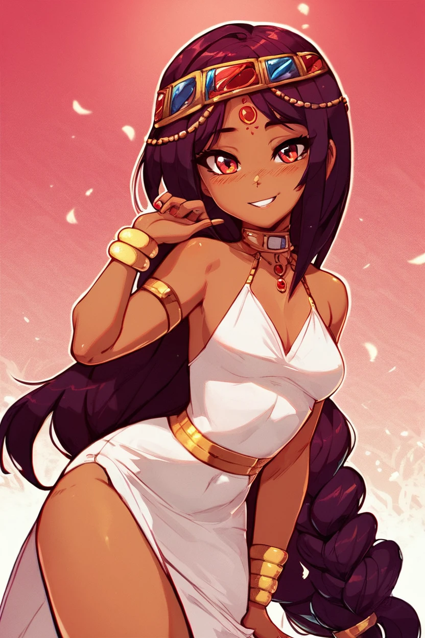 score_9, score_8_up, score_8, medium breasts, (curvy), cute, eyelashes,       BREAK, ,  <lora:Serket_Takatsu_v2:0.7>, zzSerket, dark skin, large breasts, dress, bare shoulders, jewelry, very long hair, bracelet, single braid, circlet,, BREAK, smile, looking at viewer, cowboy shot, embedding:zPDXL,  <lora:DiivesP1:0.8>,