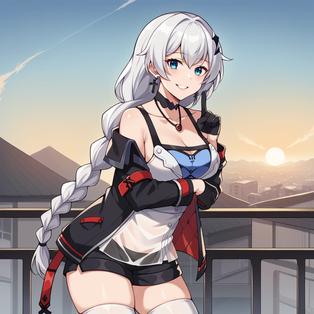 score_9_up, score_8_up, score_7_up, source_anime, 1girl, solo, Kallen, Kal_Def, sun light, sky, rooftop, railing, standing, arm under breasts, index finger up, looking at you, from side, smug smile, parted lips, white hair, long hair, braided ponytail, blue eyes, hair ornament, cross earrings, braided ponytail, off-shoulder jacket, red inner jacket, red strap, black jacket, long sleeves, black gloves, chest strap, shoulder straps, blue bra, see-through, white dress, pleated dress, short dress, strap dress, see-through skirt, black shorts, short shorts, white thighhighs, thigh pouch, necklace, black choker, cleavage, mature body, dynamic cowboy shot, outdoors, sky clouds background