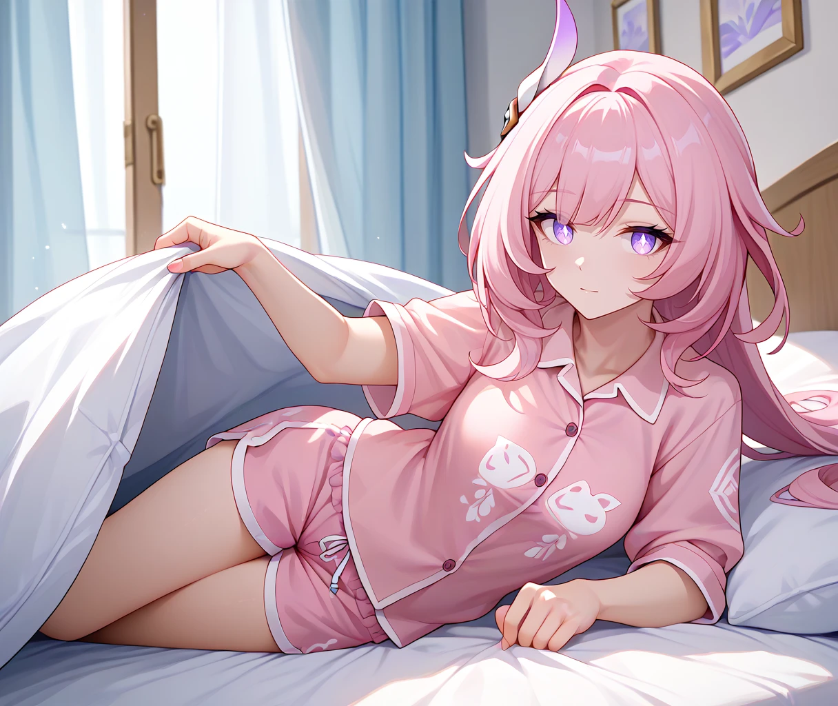 score_9,score_8_up,score_7_up,
1girl, pajamas, shorts, elysia \(honkai impact\), long hair, 
solo, cowboy shot, looking at viewer,
on bed, on side, lying, bed invitation, blanket, from side, under covers, curtains,
<lora:bedinvitation:1> <lora:elysiaponyxl:1>